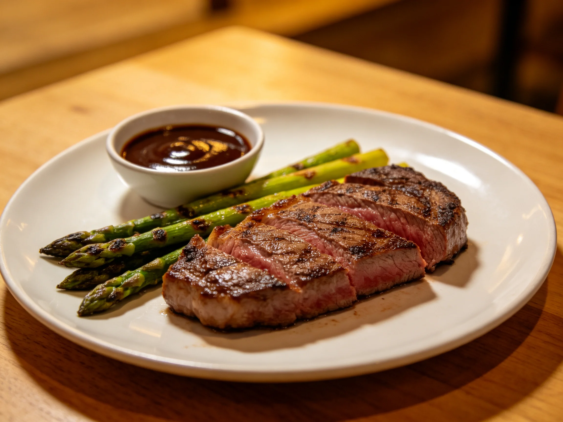 Grilled steak slices served with roasted asparagus and dark sauce