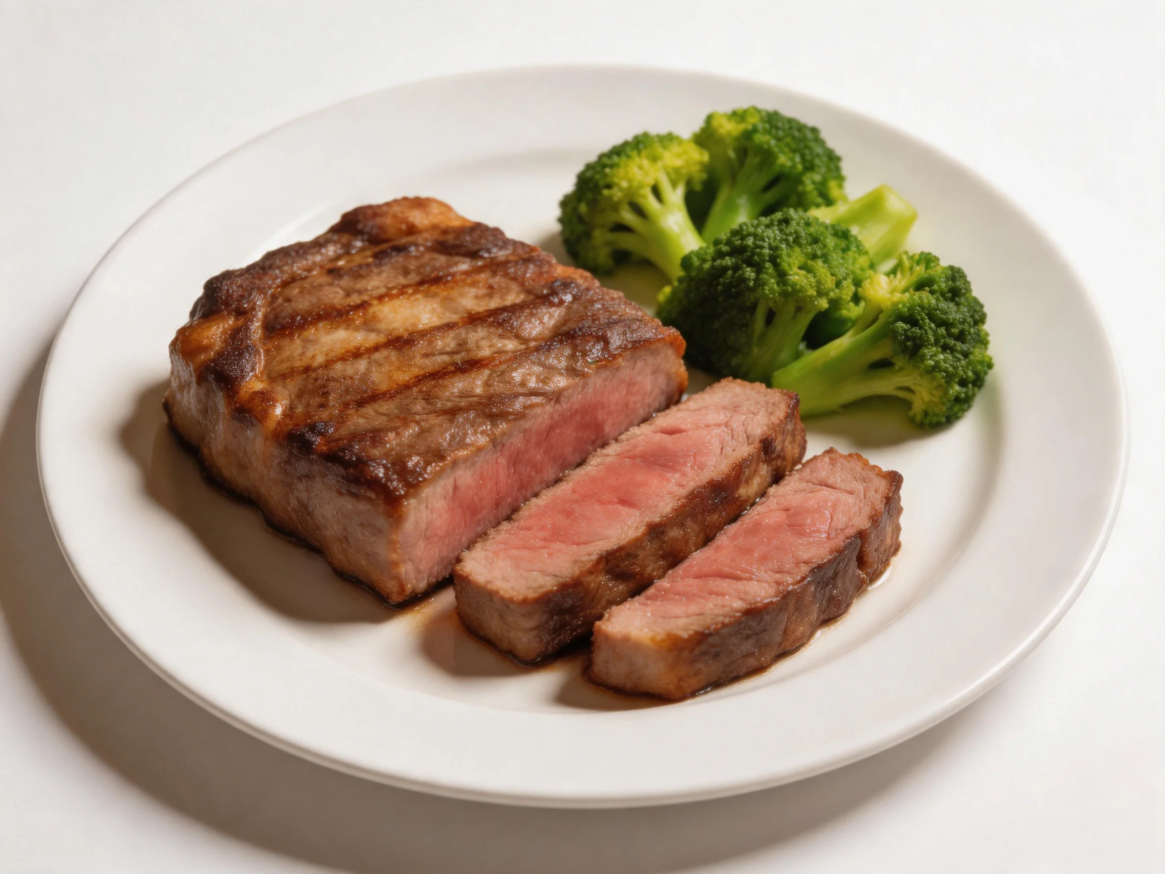 Grilled steak slices with fresh green broccoli on a white plate