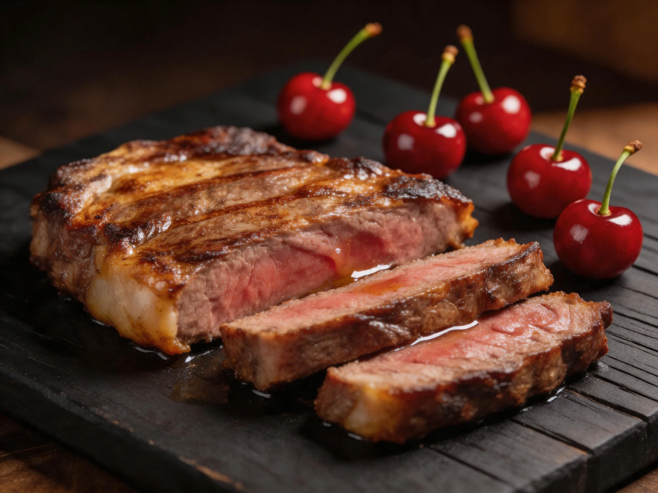 Grilled steak slices with fresh red cherries on a black slate