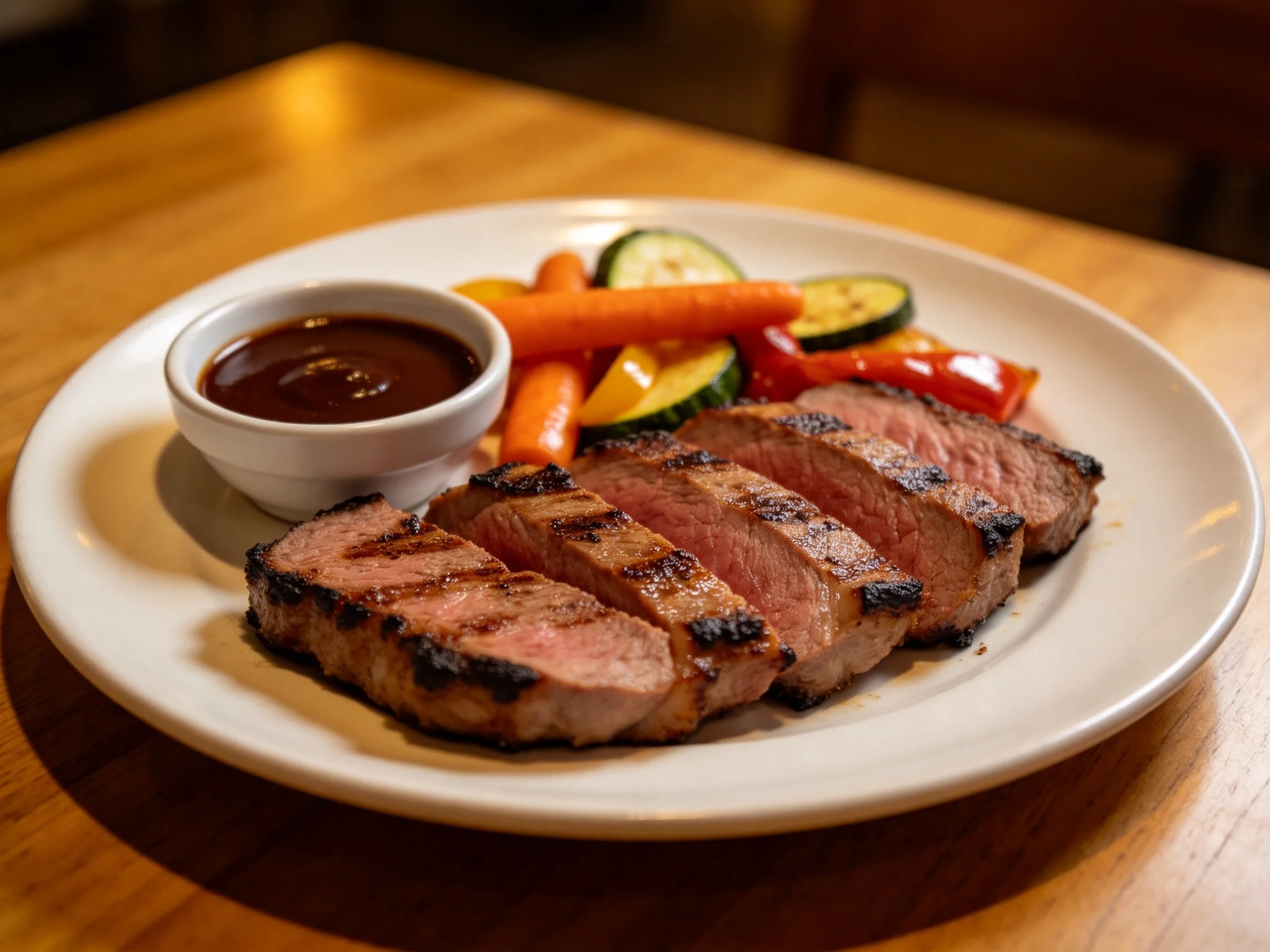 Grilled steak slices with roasted veggies and dark sauce on white plate