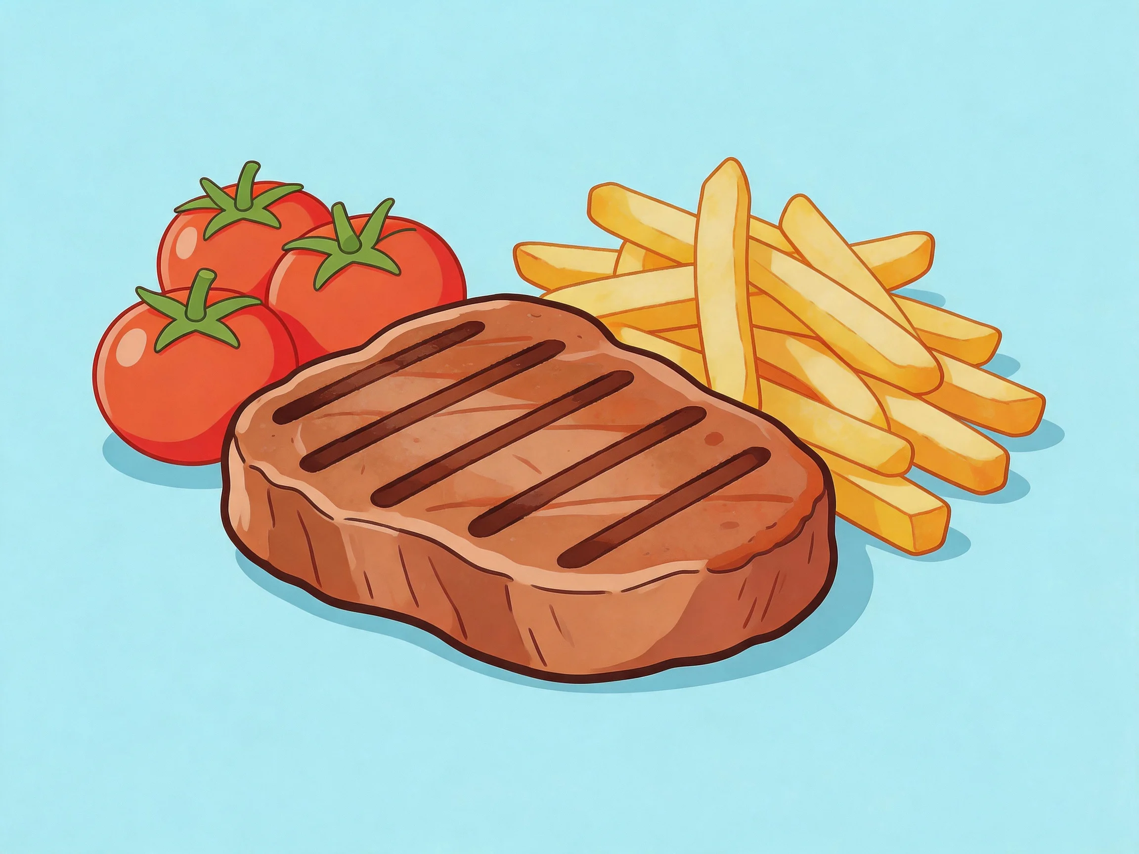 Grilled steak, three red tomatoes, and golden French fries