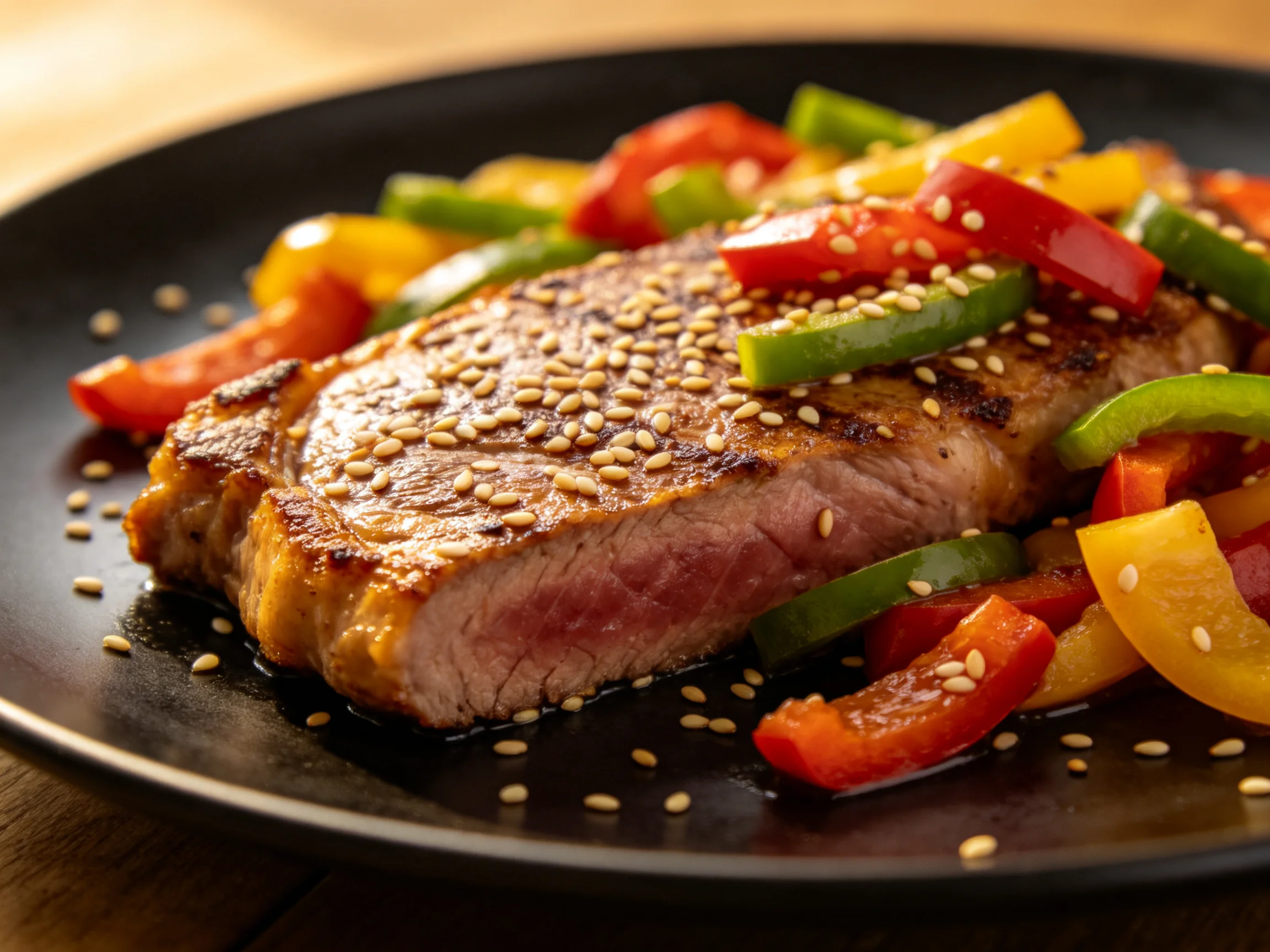 Grilled steak topped with sesame seeds and colorful bell peppers