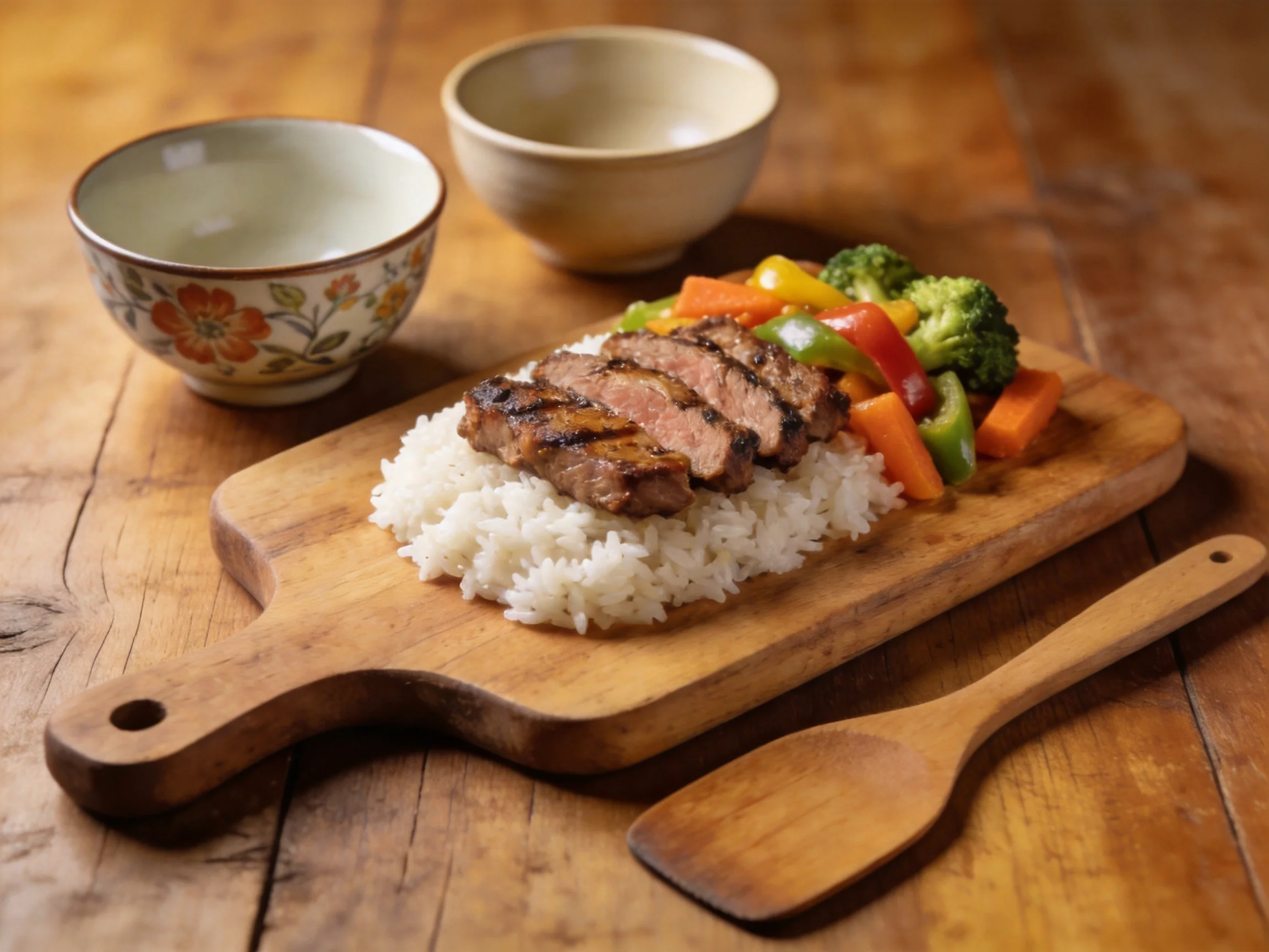 Grilled steak, white rice, mixed veggies on a wooden platter with ceramic bowls