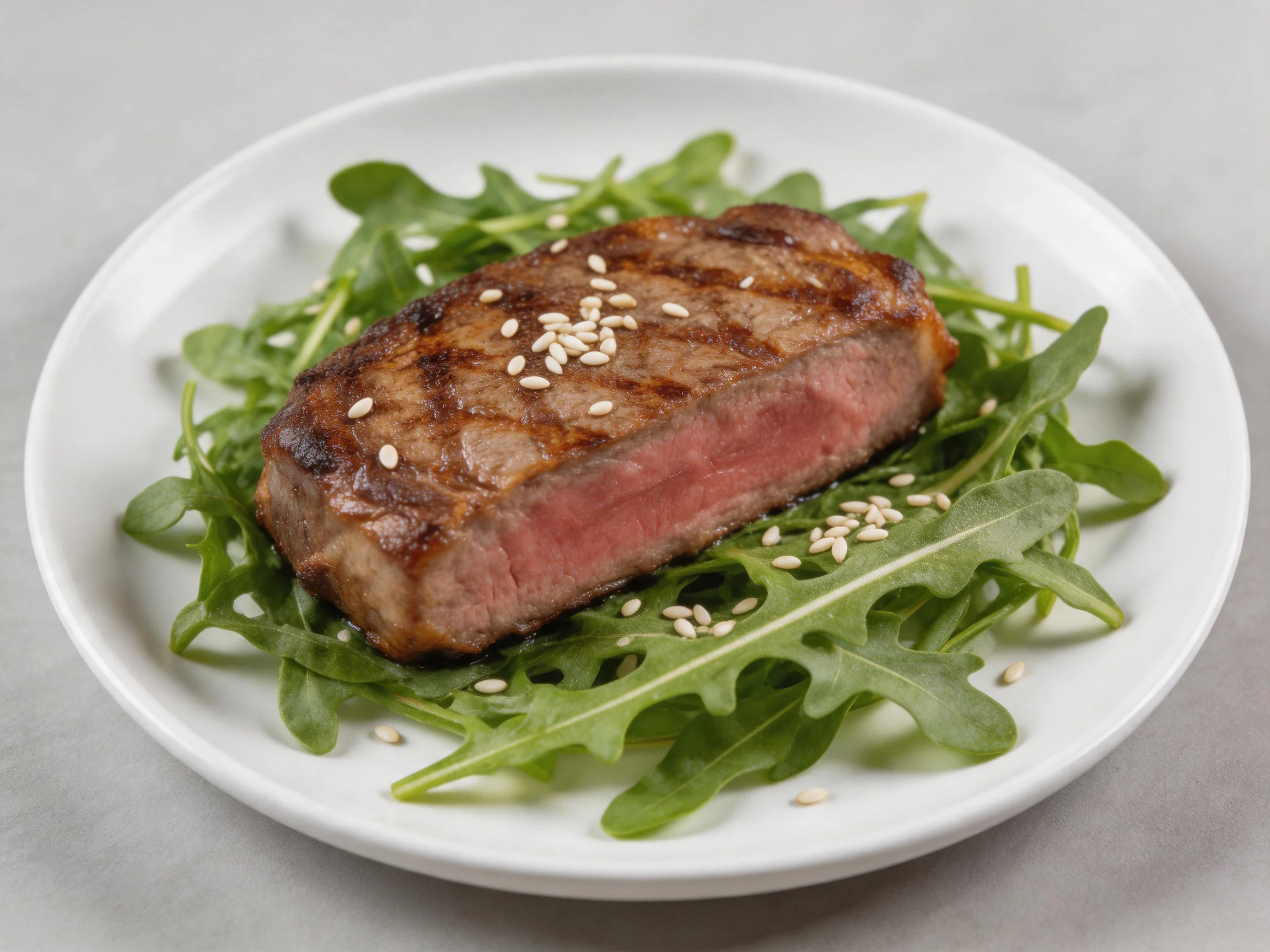 Grilled steak with arugula and sesame seeds on a white plate