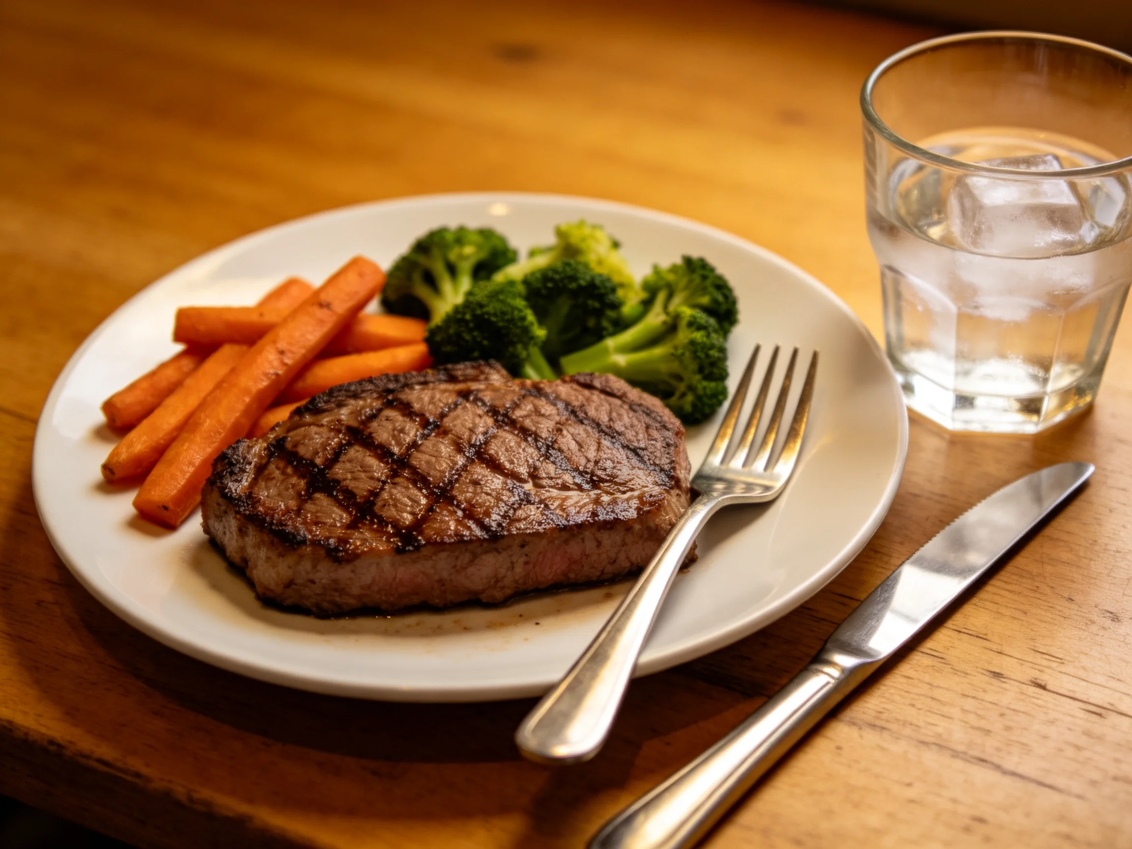 Grilled steak with carrots, broccoli, and ice water on a wooden table