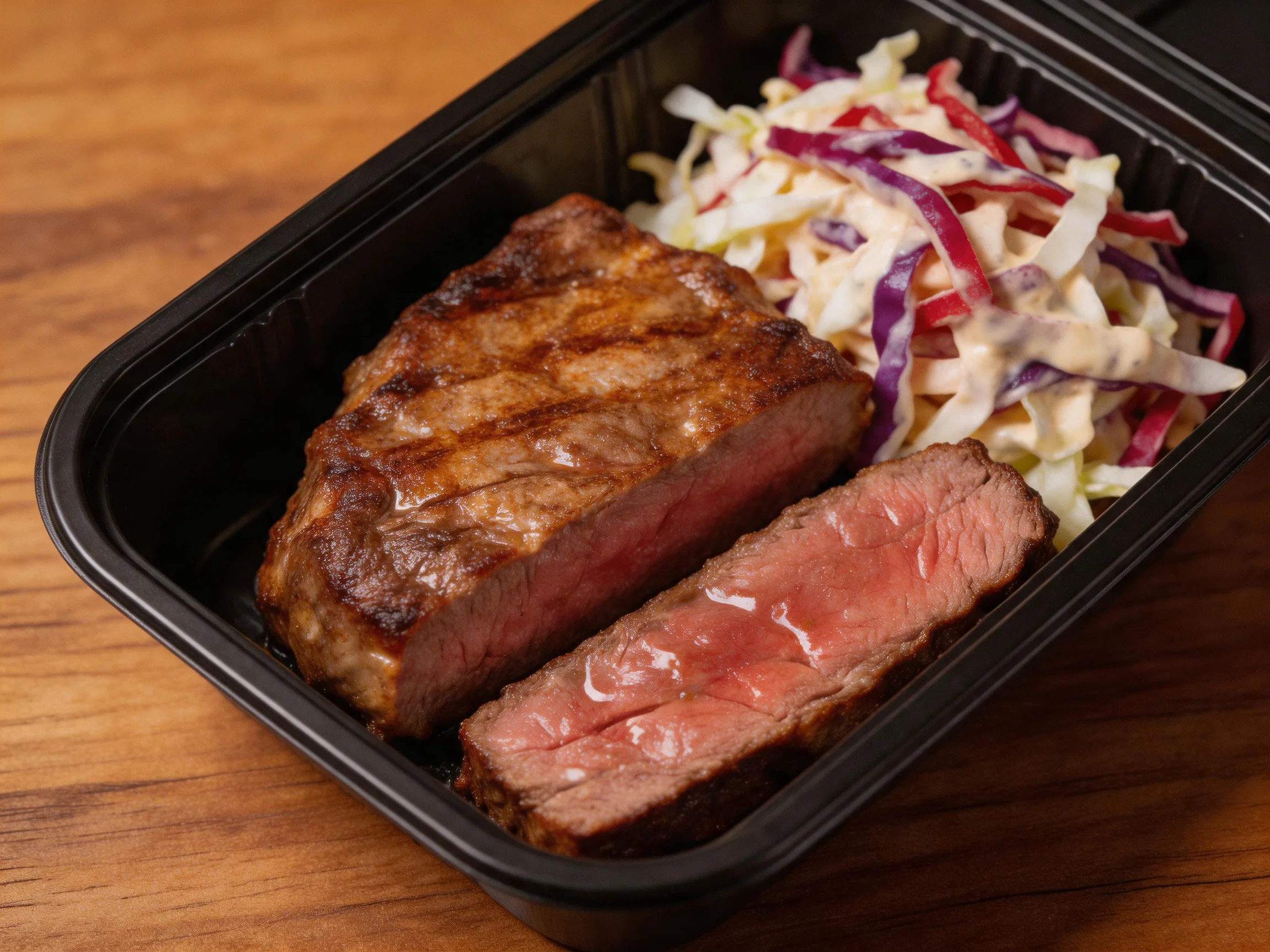 Grilled steak with colorful coleslaw in a black plastic container