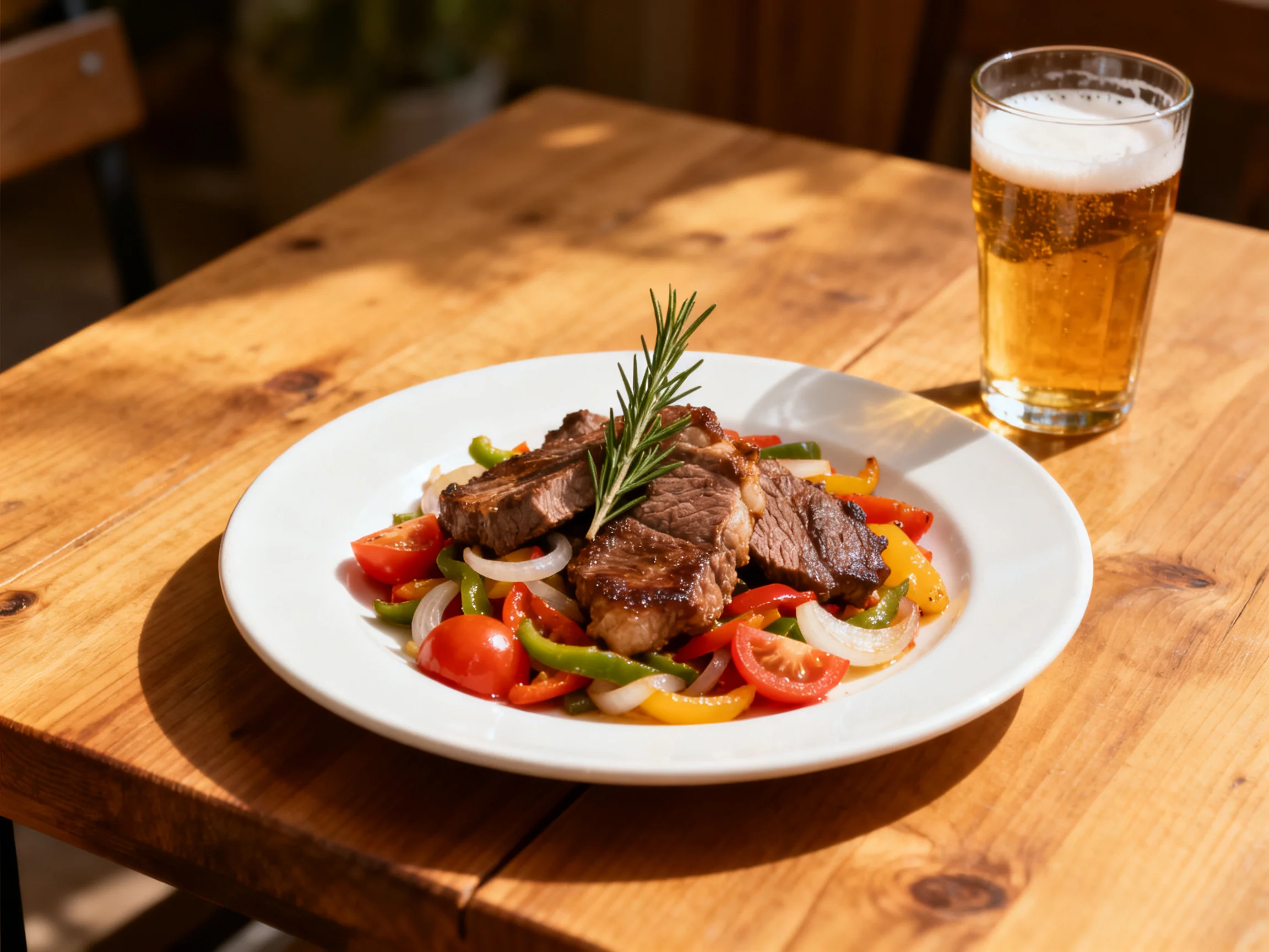 Grilled steak with colorful vegetables and a glass of beer on a wooden table