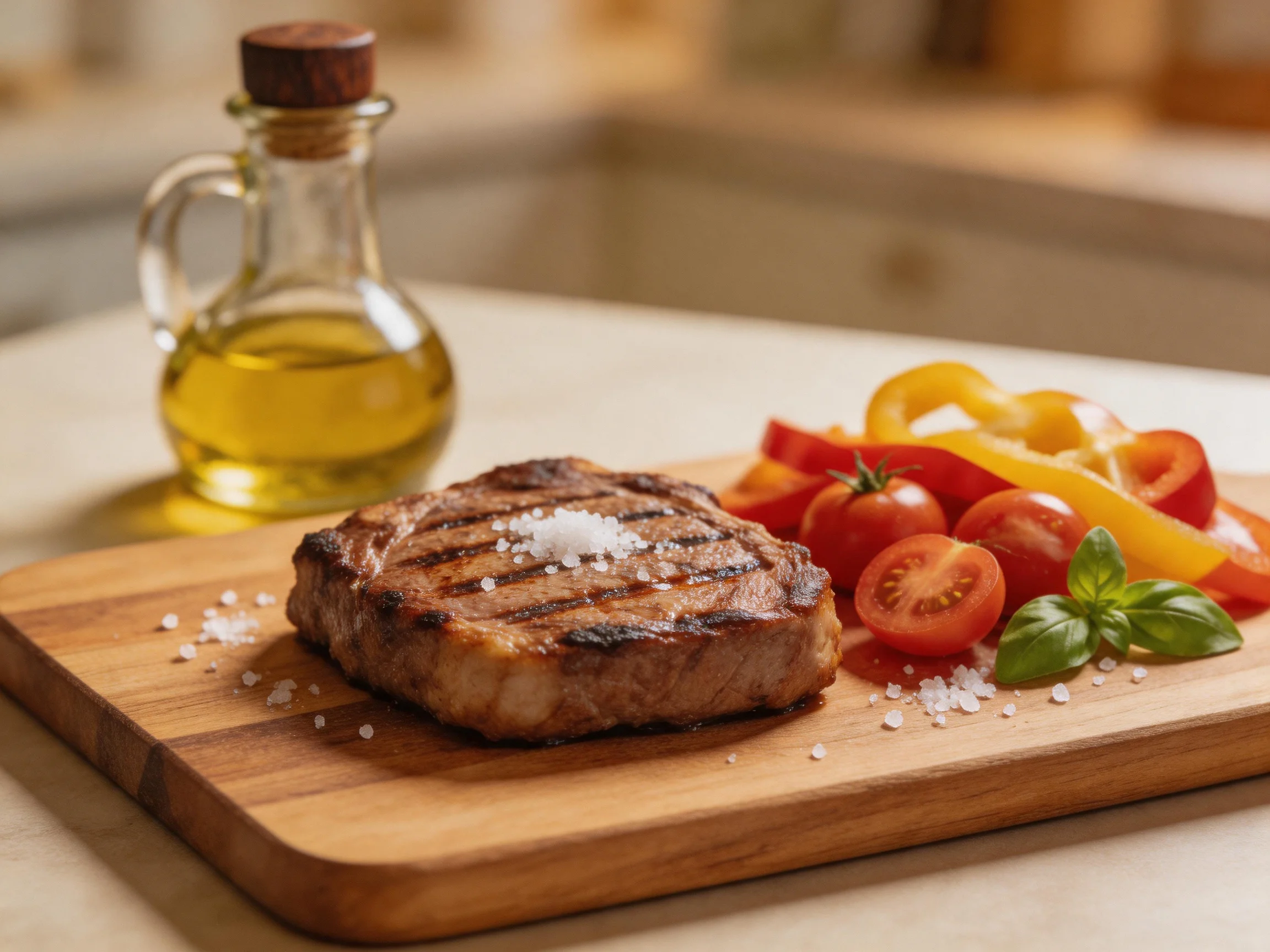 Grilled steak with colorful vegetables and olive oil on a wooden board