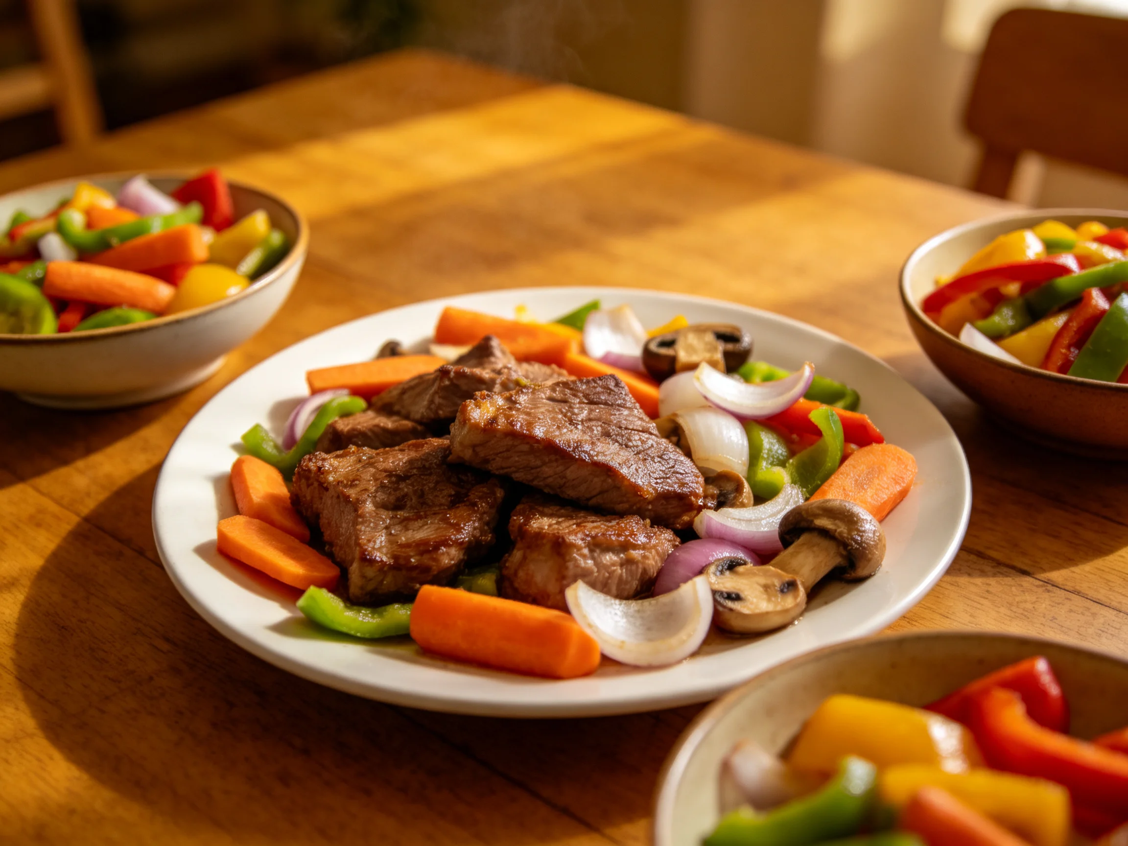 Grilled steak with colorful vegetables on a wooden table