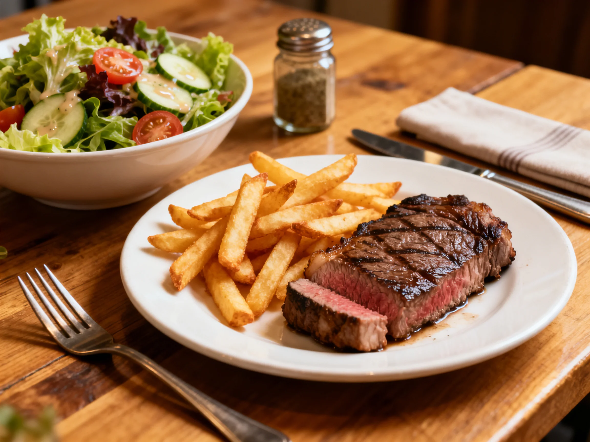 A meal of grilled steak, fries, and fresh salad is served on a wooden table.