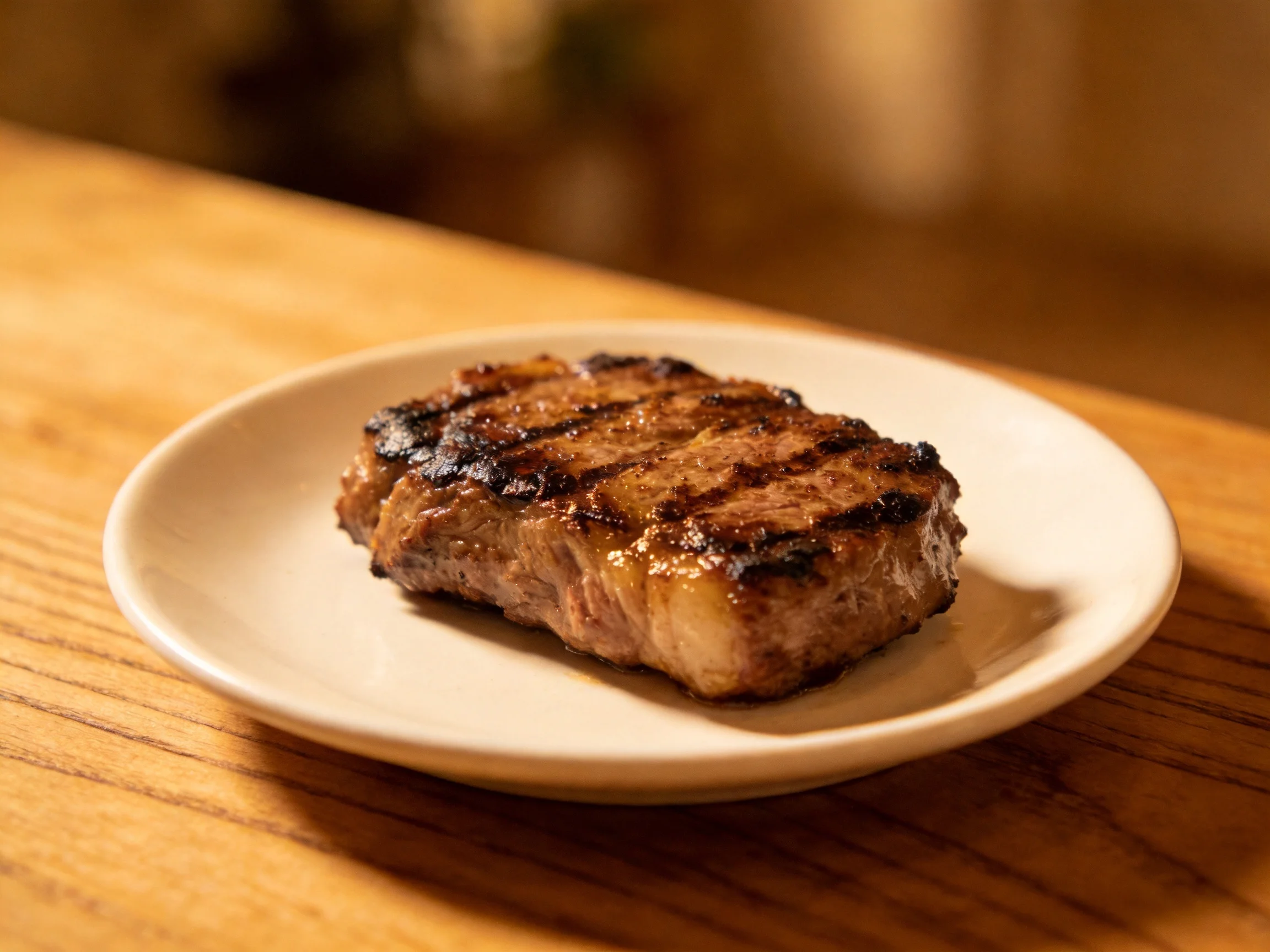 Grilled steak with distinct char marks on a small white plate