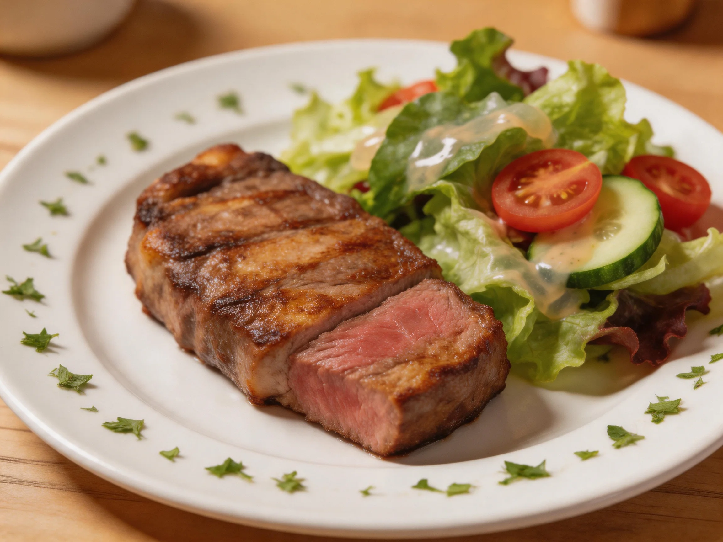 Grilled steak with fresh mixed greens and vegetable sides