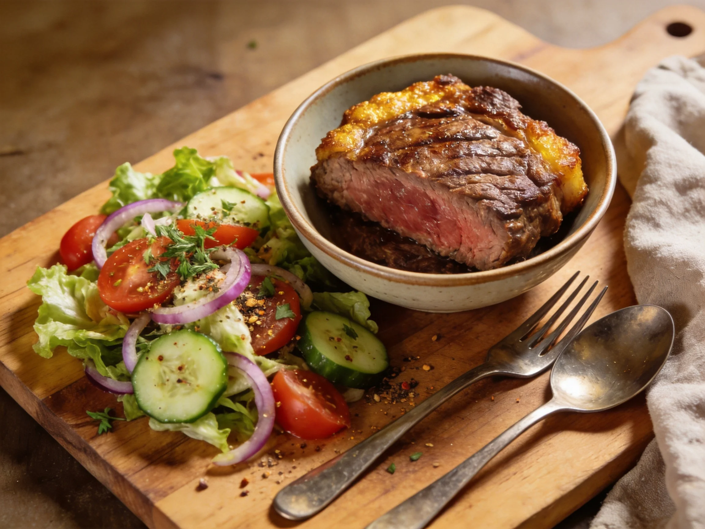 Grilled steak with fresh vegetable salad on a wooden cutting board