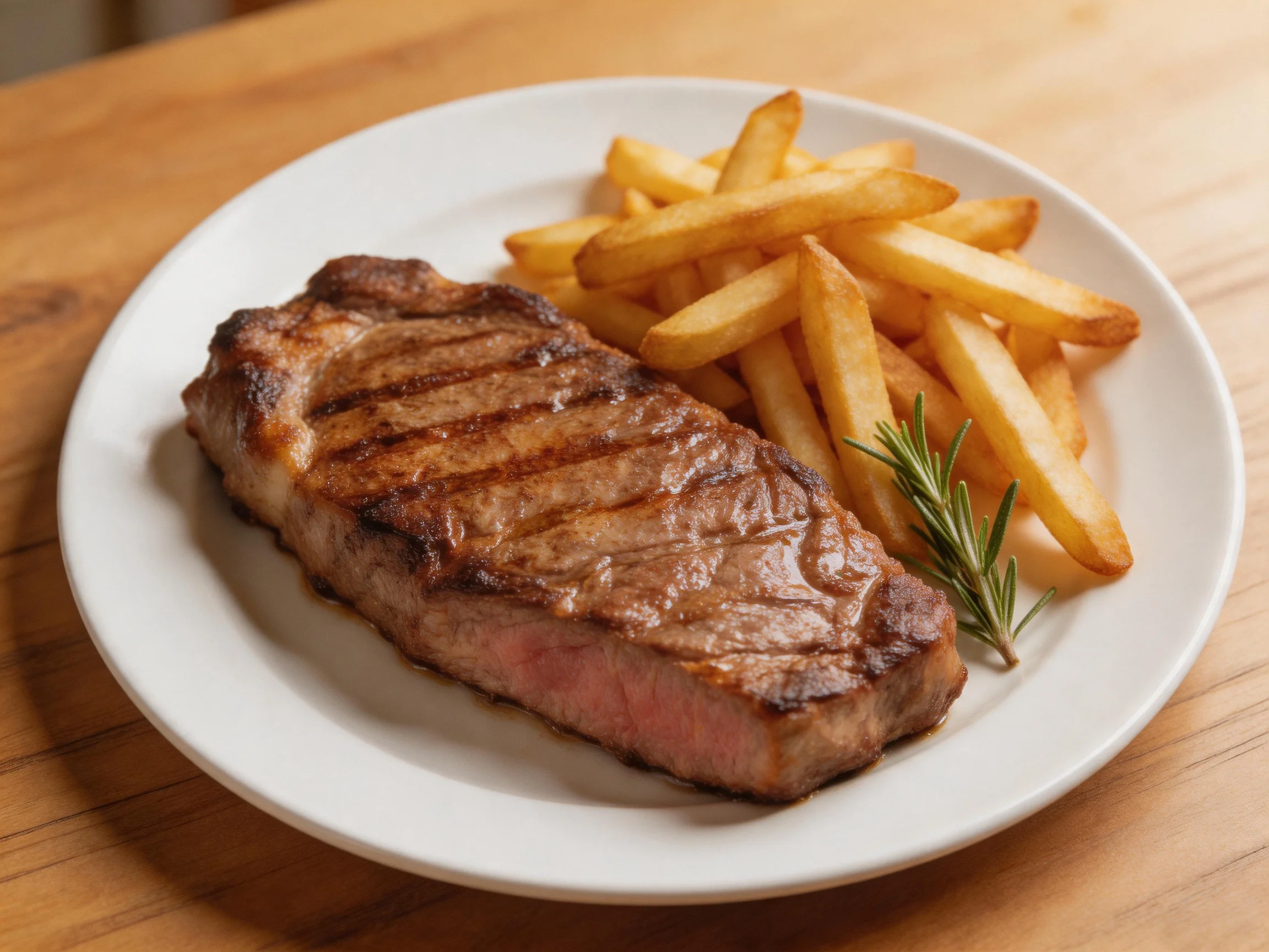 Grilled steak with golden French fries and fresh rosemary on a white plate