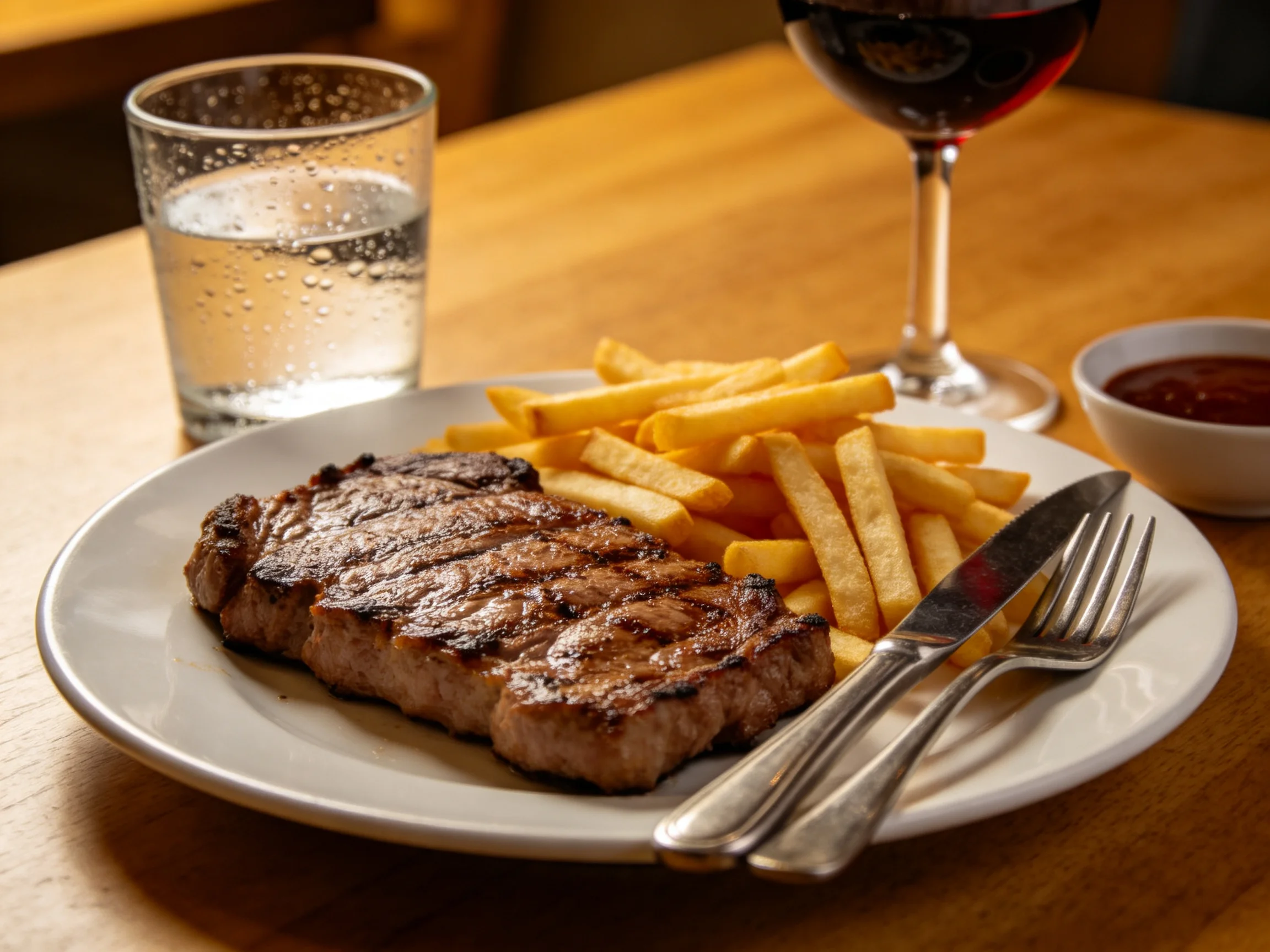 Grilled steak with golden fries, water, and wine on a wooden table