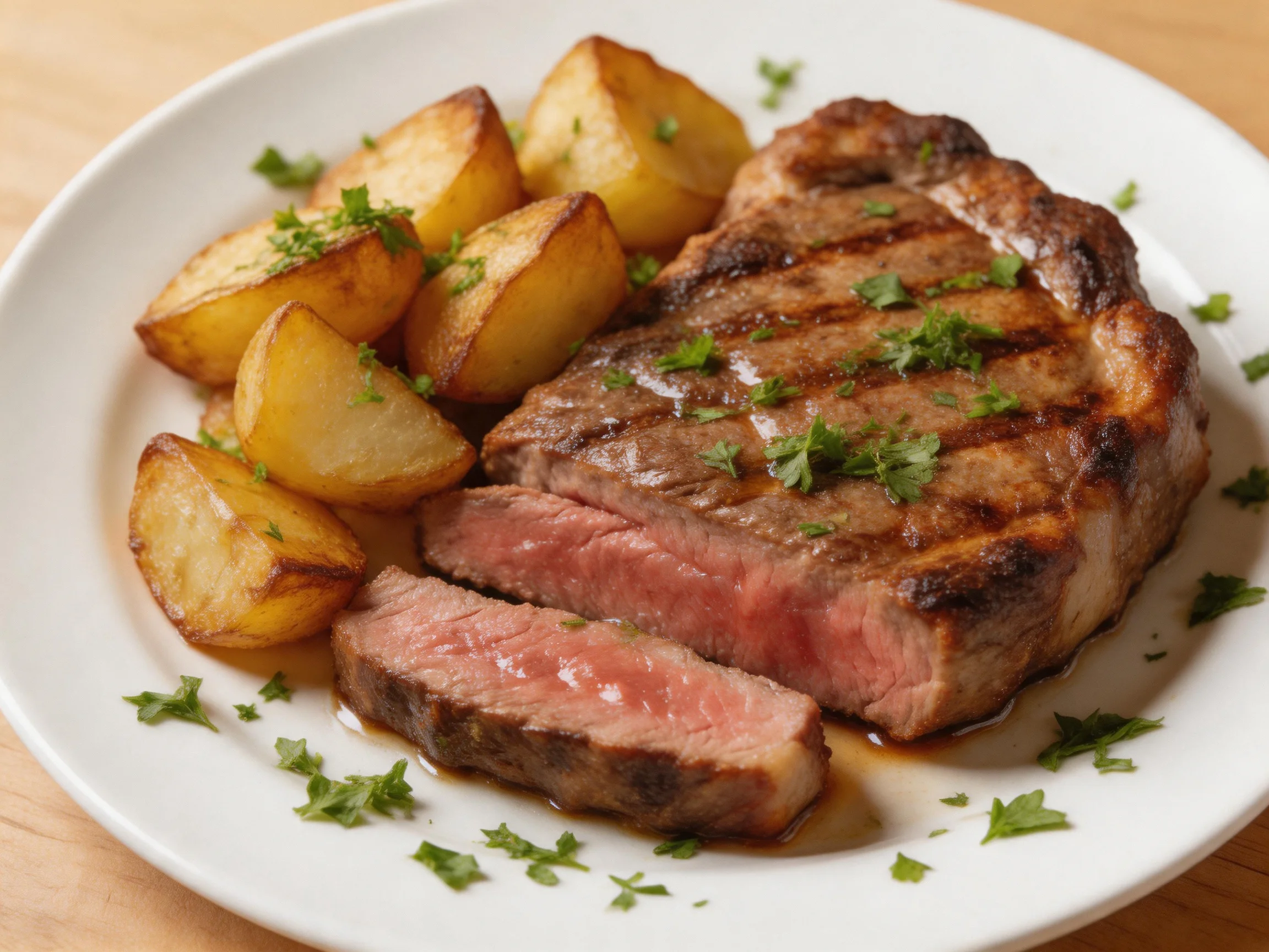 Grilled steak with golden roasted potato wedges garnished with fresh herbs