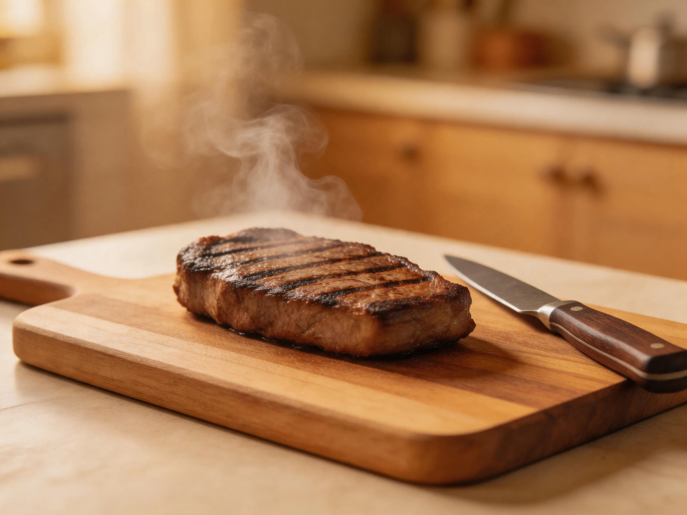 Grilled steak with grill marks on wooden cutting board beside knife