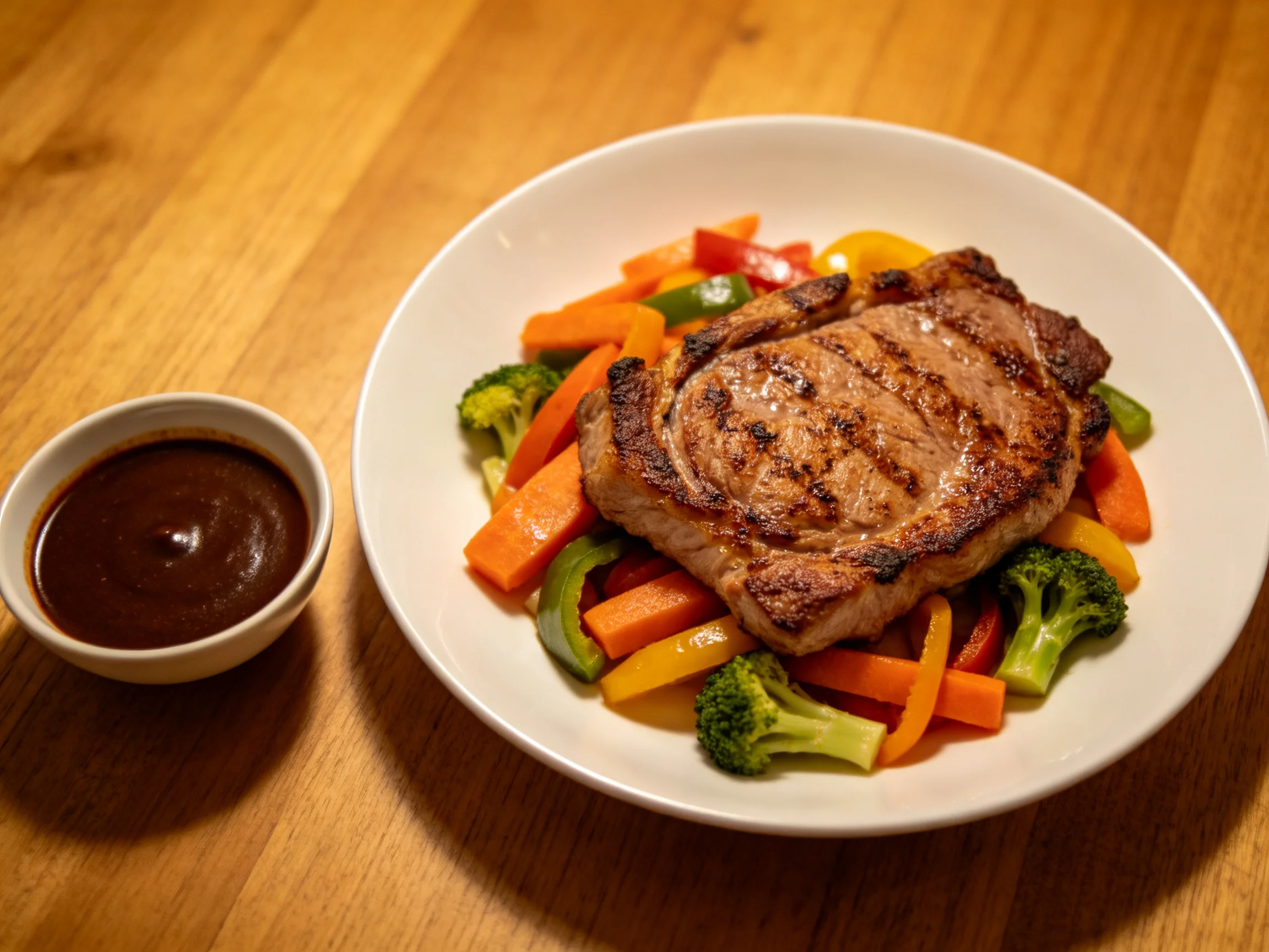 Grilled steak with mixed vegetables and dipping sauce on wooden table