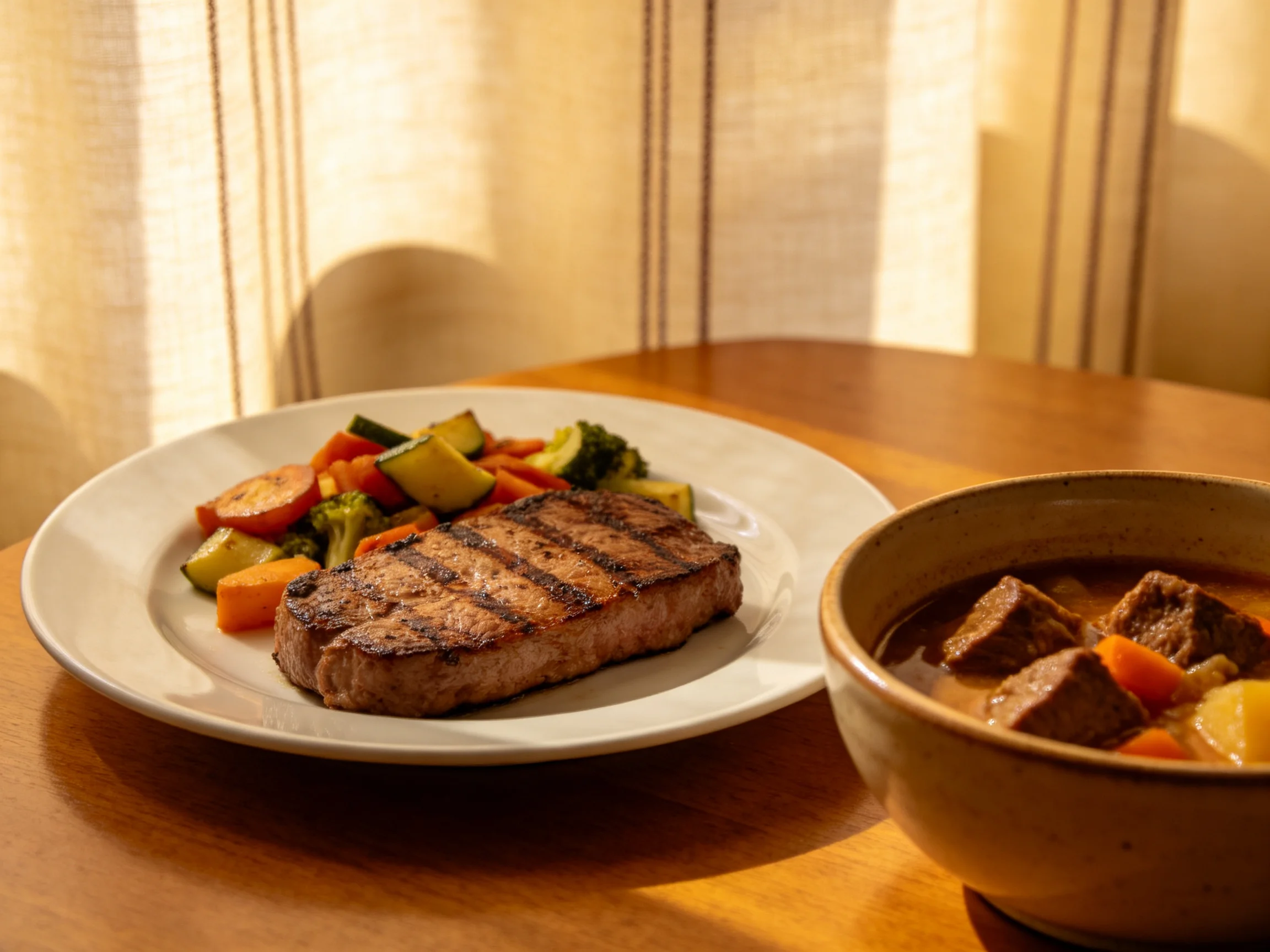 Grilled steak with mixed vegetables next to a meat stew bowl