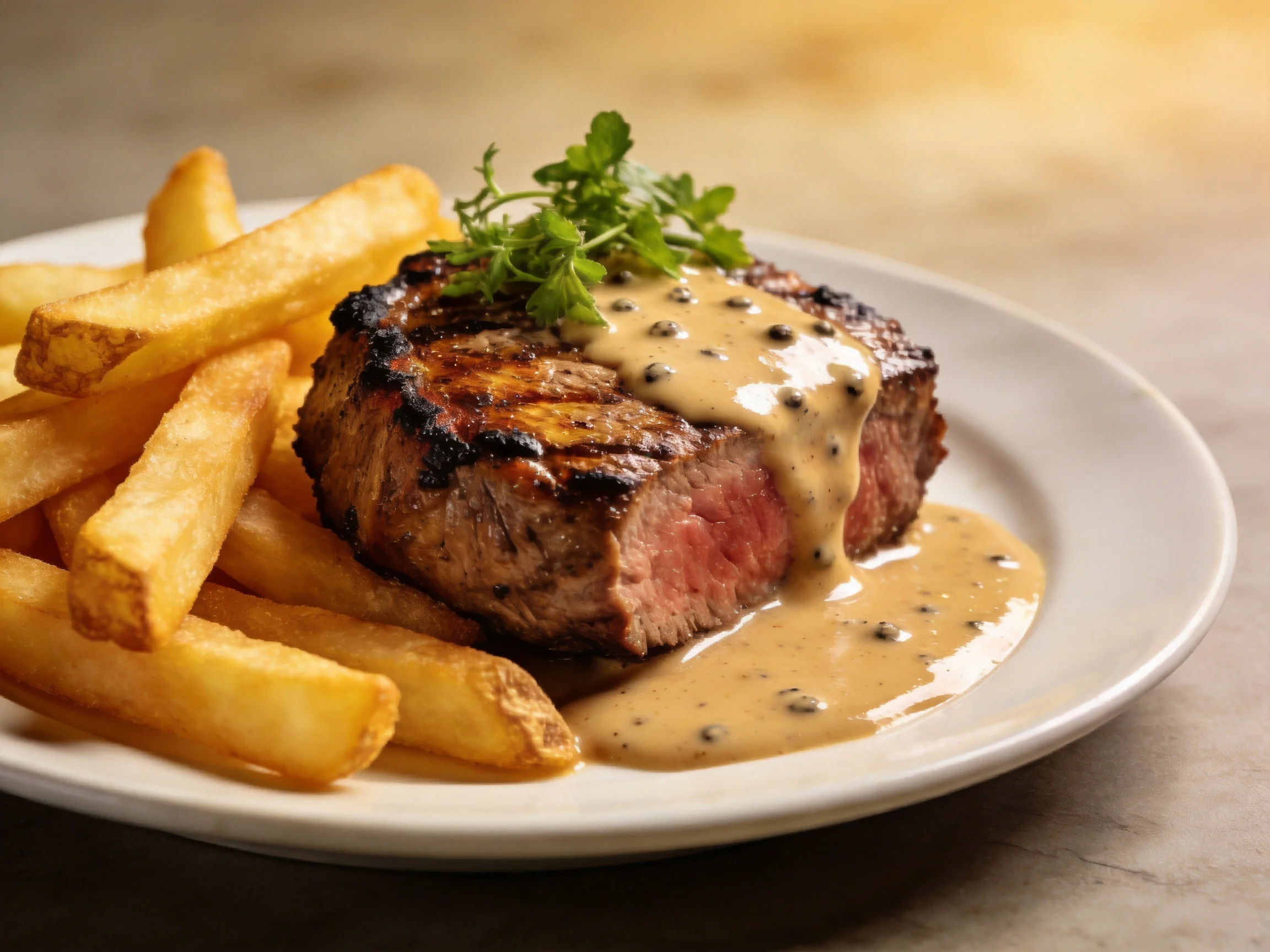 Grilled steak with peppercorn sauce and crispy fries