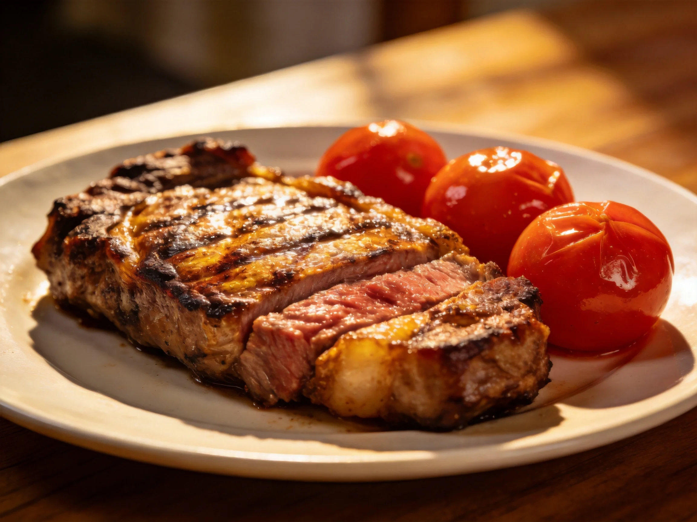 Grilled steak with roasted cherry tomatoes on a white plate