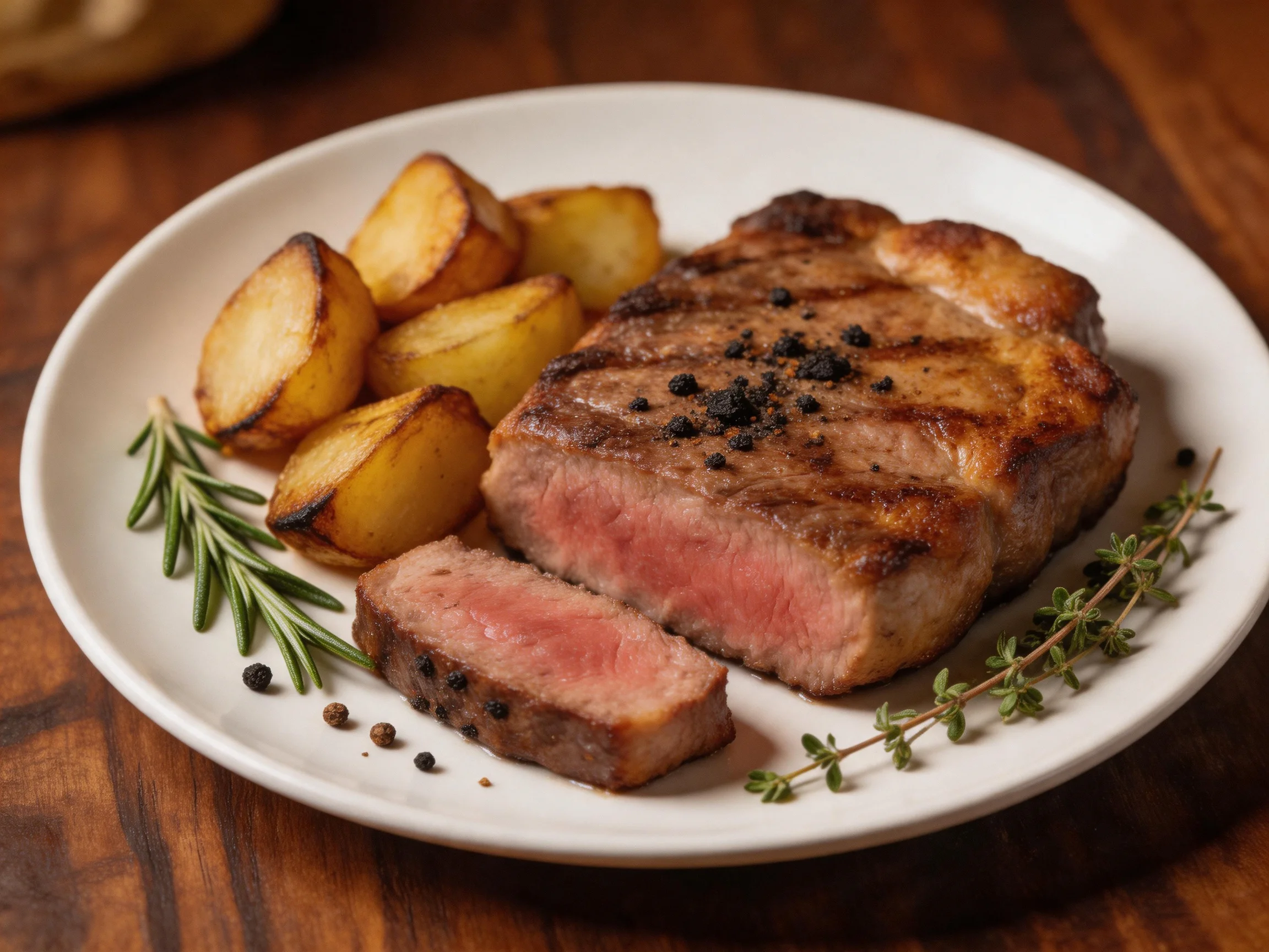 Grilled steak with roasted potato wedges and fresh herbs