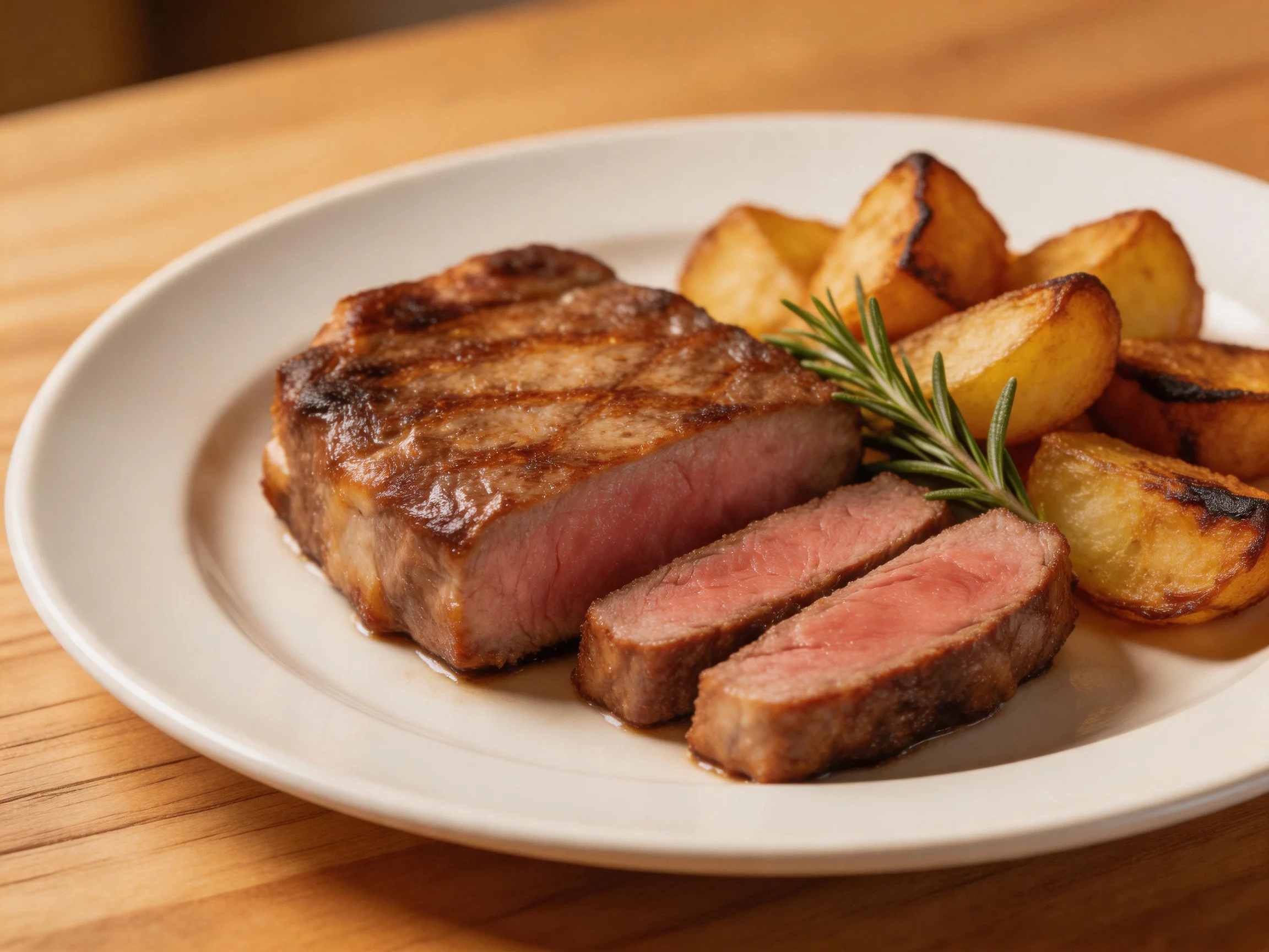 Grilled steak with roasted potato wedges and fresh rosemary