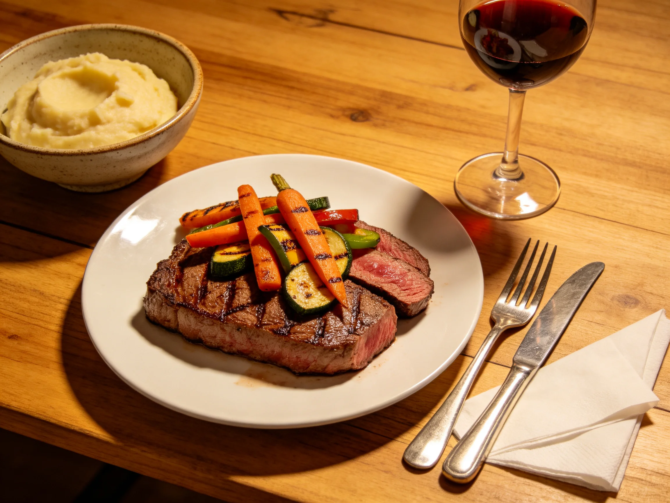 Grilled steak with roasted veggies, mashed potatoes, and red wine on a wooden table