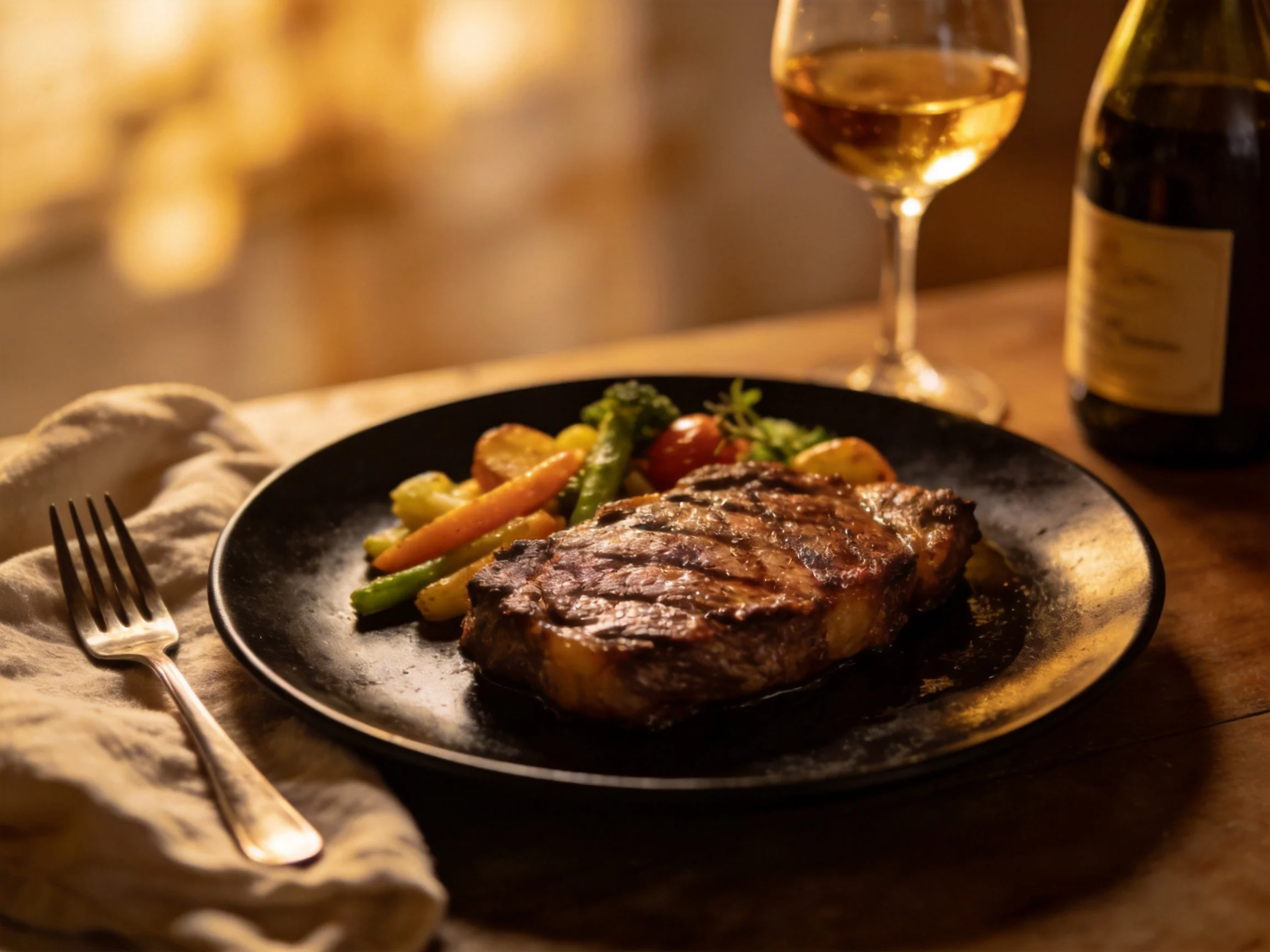 Grilled steak with roasted veggies on a black plate beside wine
