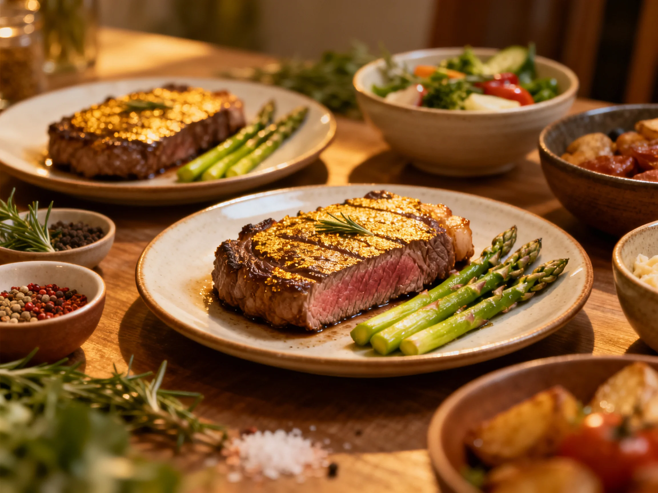 Grilled steaks and fresh vegetables are arranged on a wooden table with side dishes.
