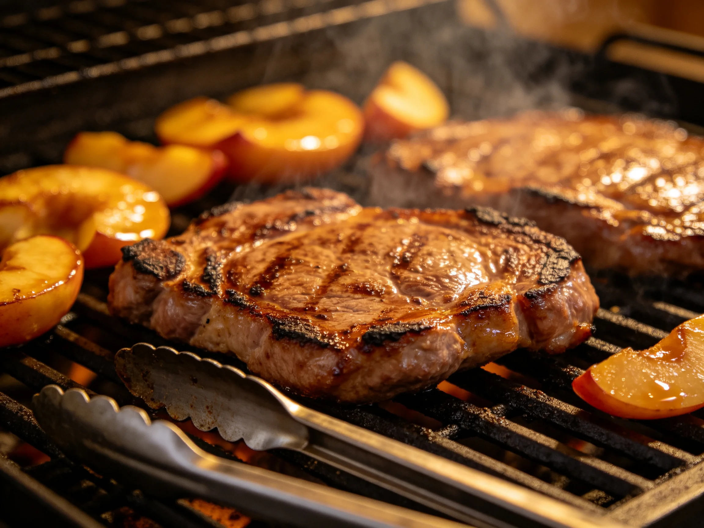 Grilled steaks and caramelized peach slices sizzle on a smoky barbecue