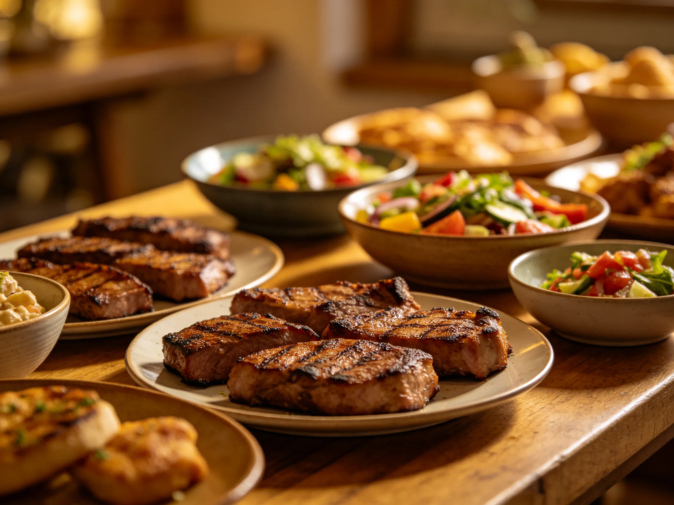 Grilled steaks and colorful salads arranged on a wooden table