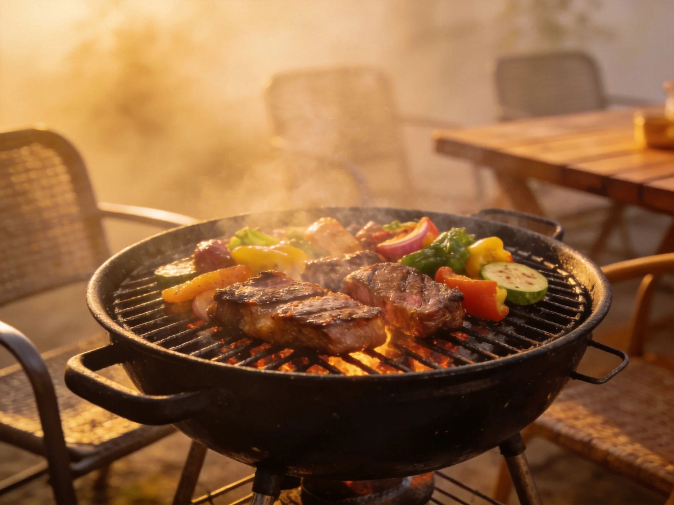 Grilled steaks and colorful vegetables barbecue on a round charcoal grill