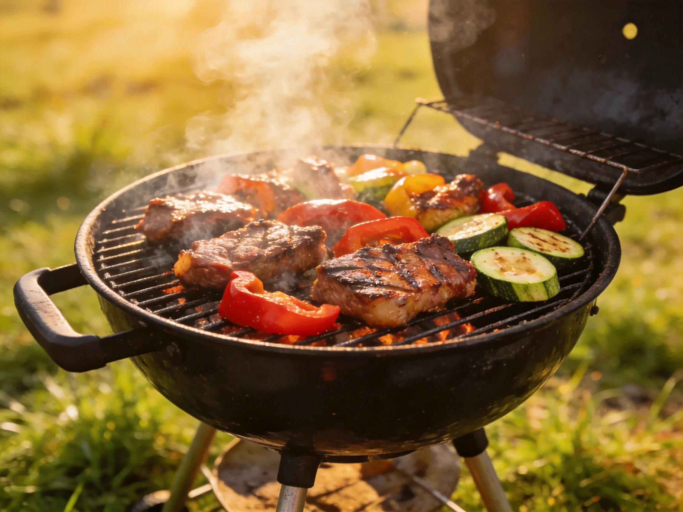 Grilled steaks and colorful vegetables on an open charcoal barbecue