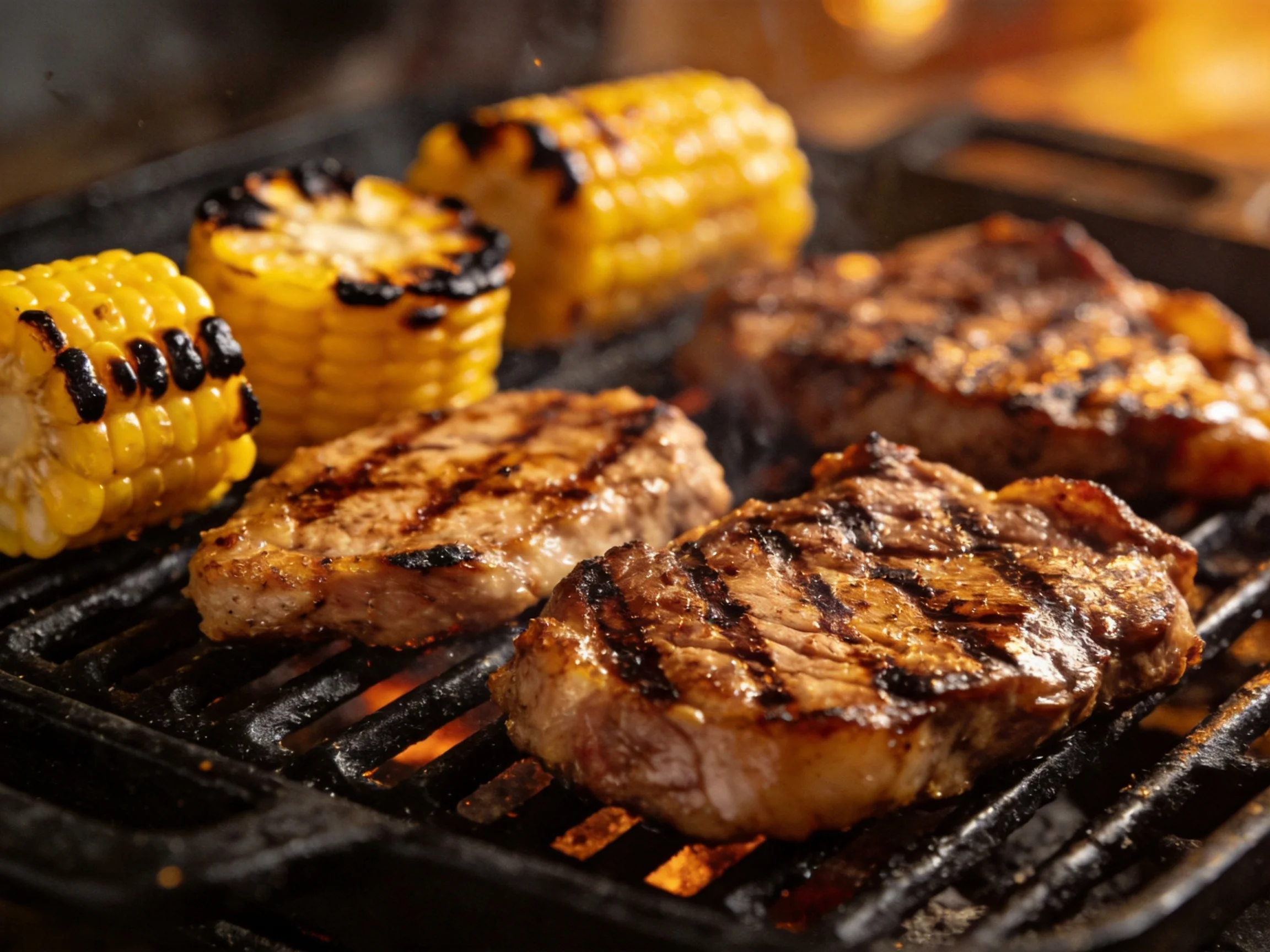 Grilled steaks and corn cooking on a black cast iron grill