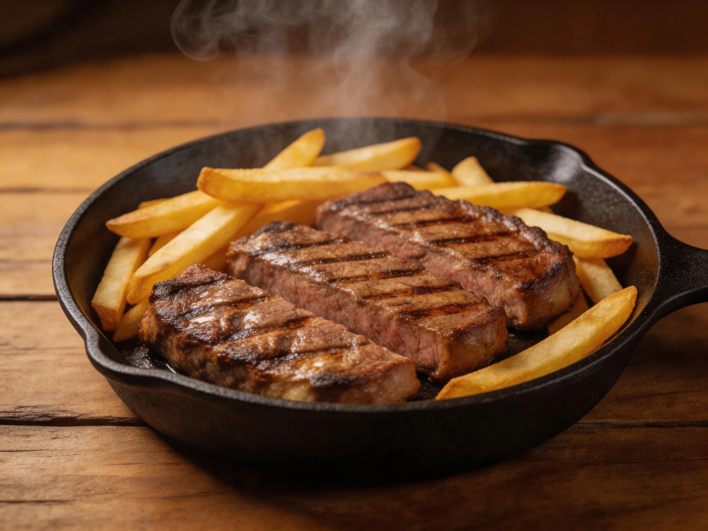 Grilled steaks and golden French fries in a cast iron skillet