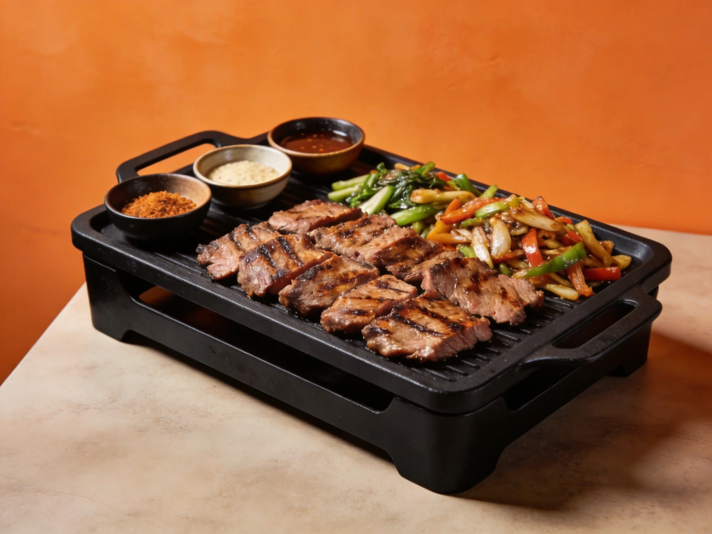 Grilled steaks and mixed veggies served on a black grill tray with three sauce dishes