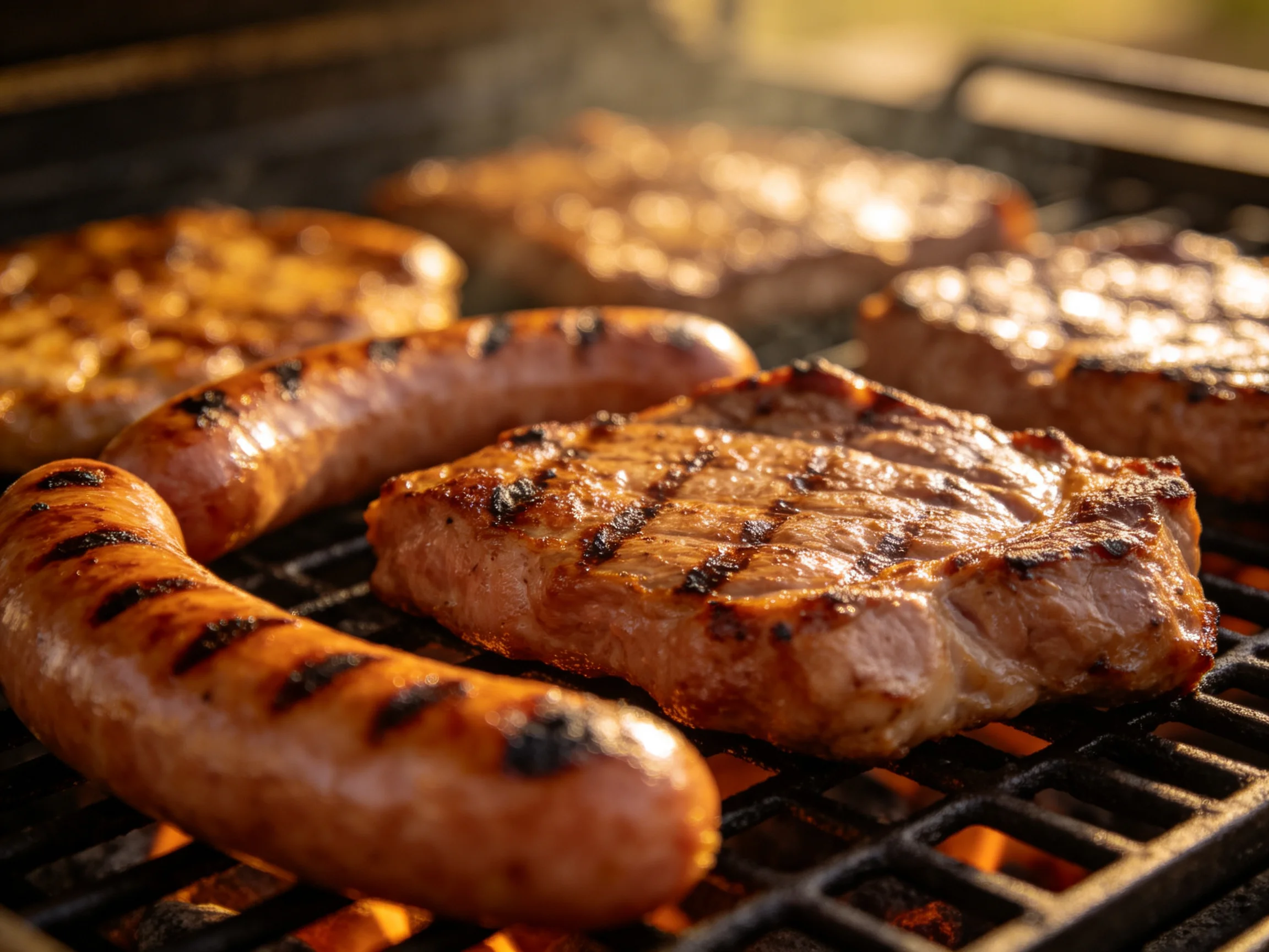 Grilled steaks and sausages cooking over a flaming grill