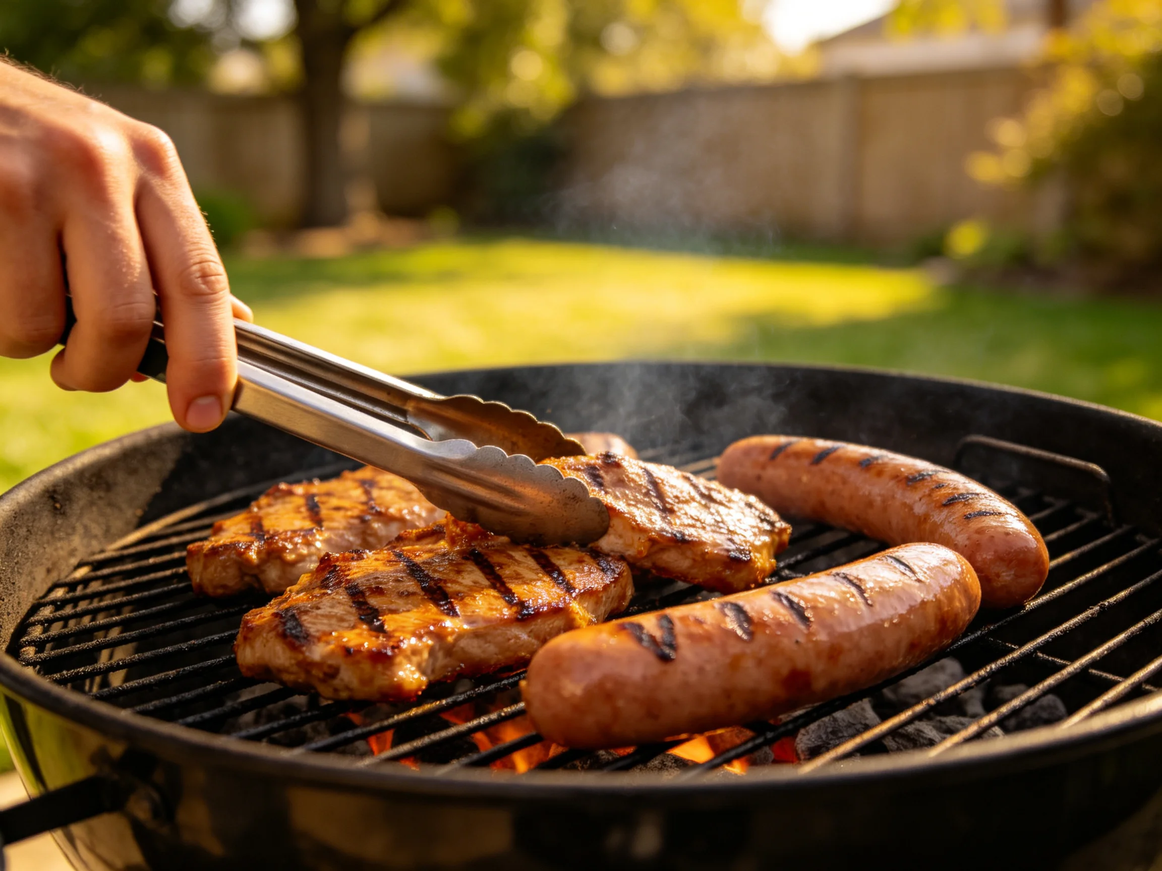 Grilled steaks and sausages sizzle on a charcoal barbecue outdoors