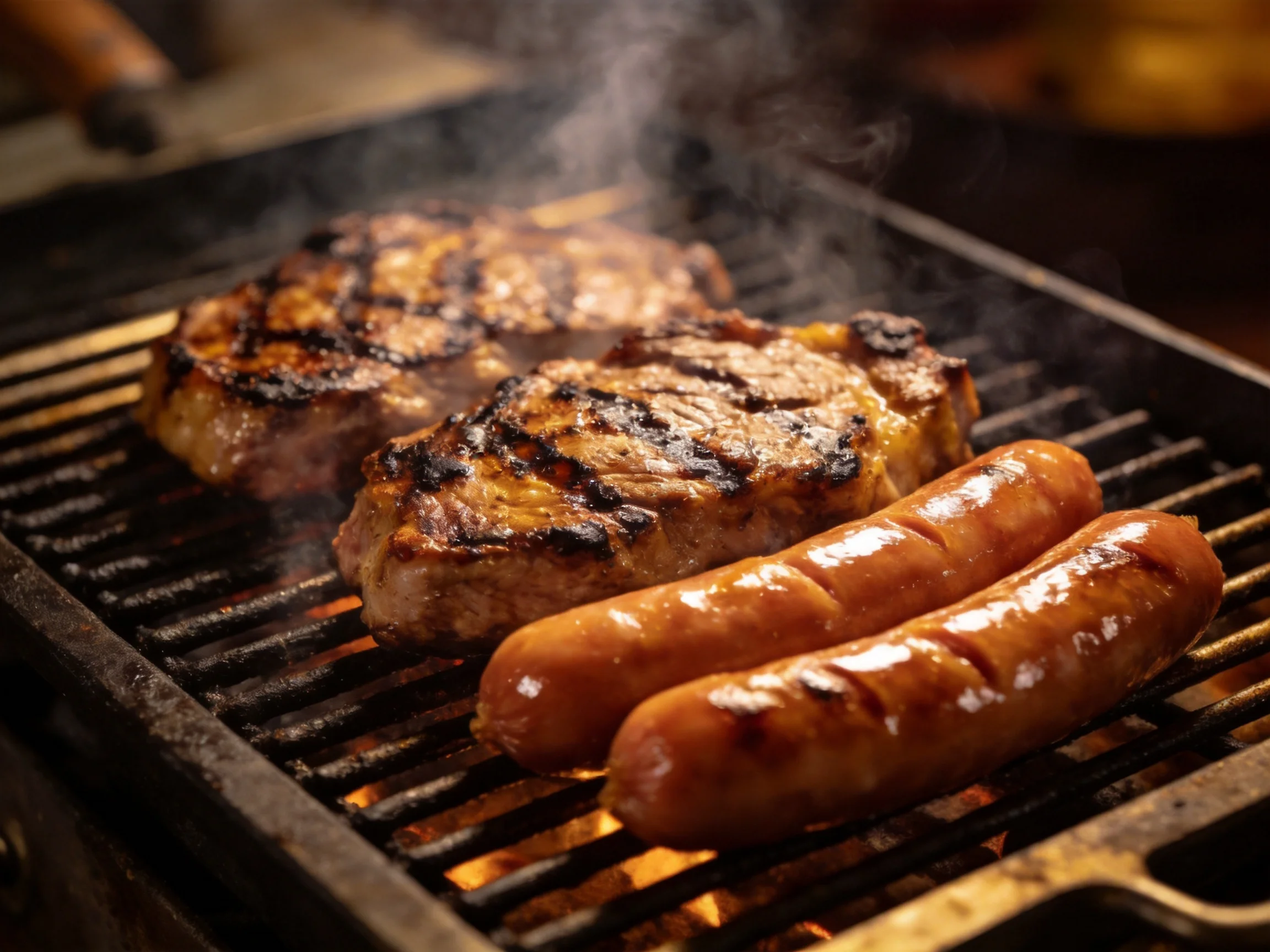 Grilled steaks and sausages sizzle over a hot grill