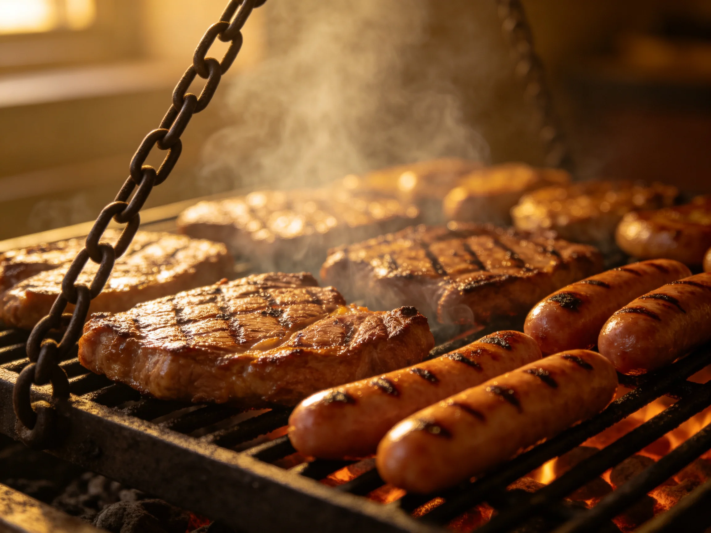 Grilled steaks and sausages sizzle over glowing embers