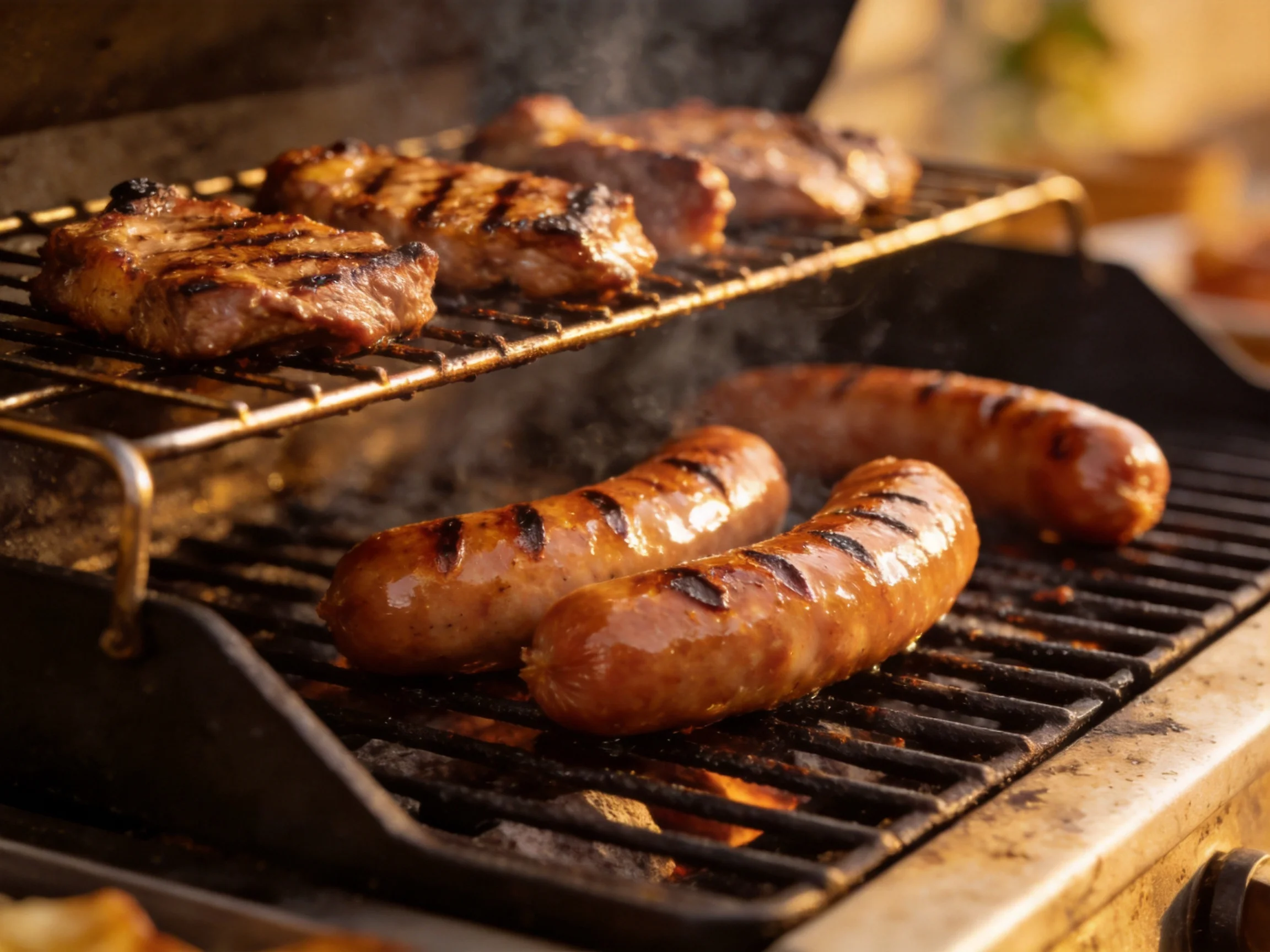 Grilled steaks and sausages sizzling on an outdoor barbecue grill