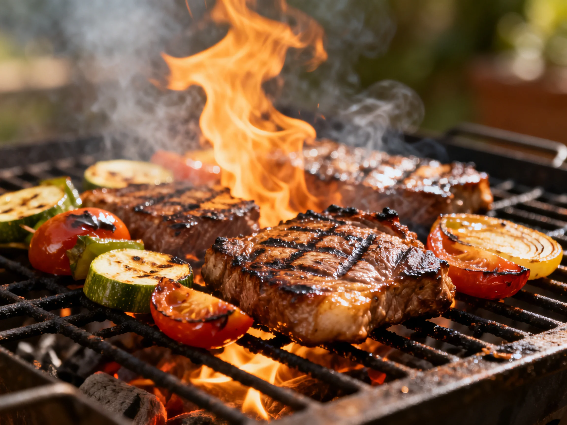Grilled steaks and vegetables sizzle over bright flames on a barbecue