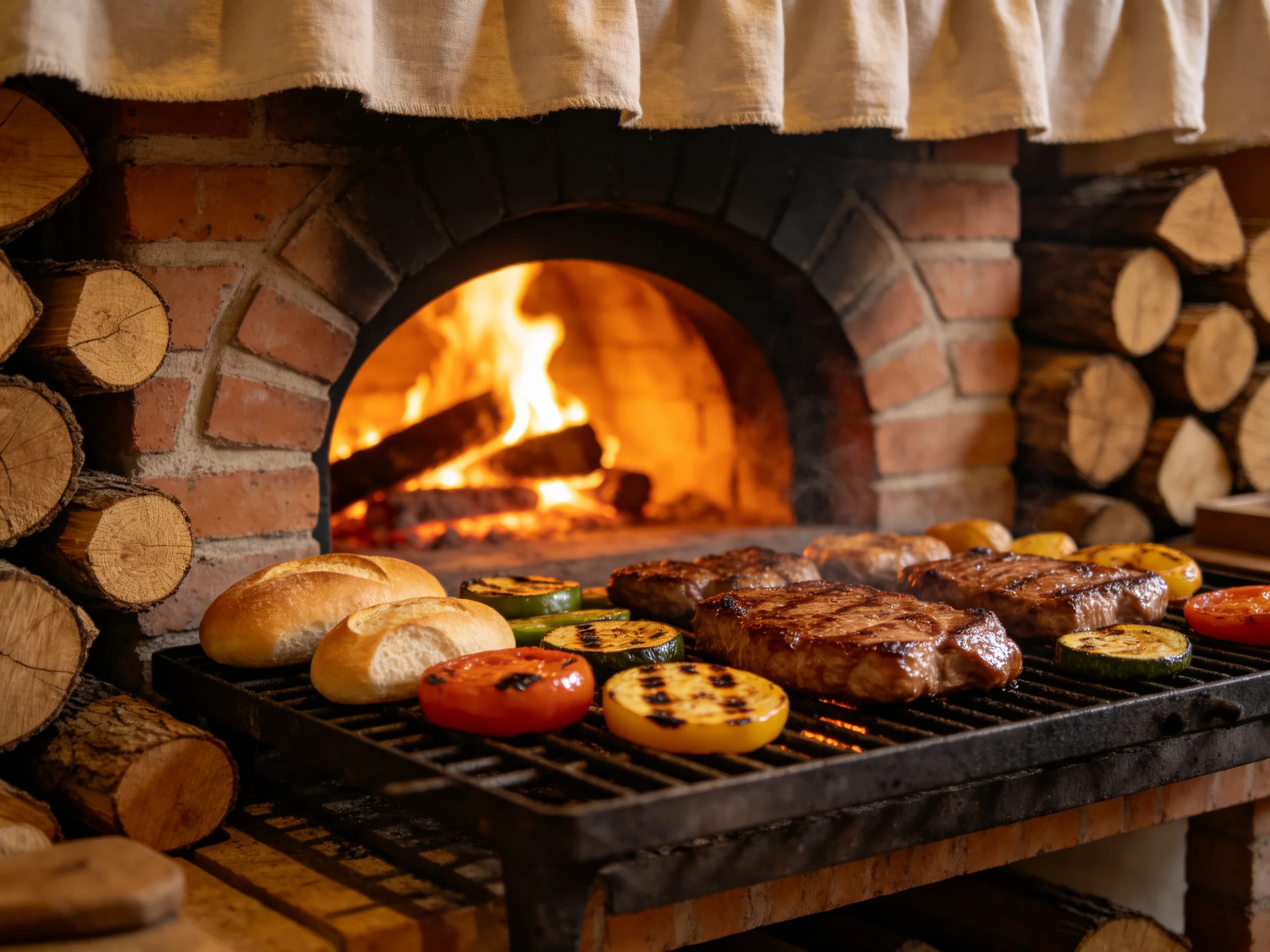 Grilled steaks and veggies sizzle near a blazing brick oven
