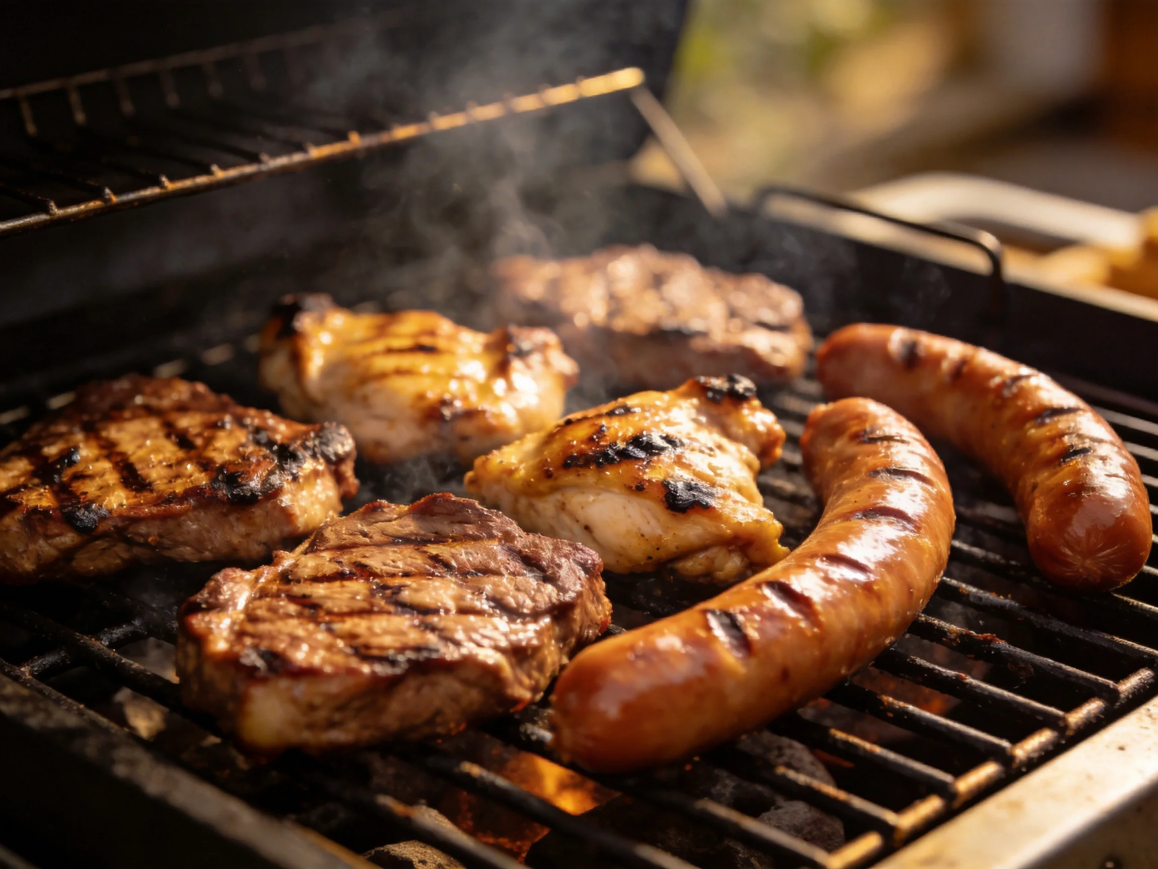 Grilled steaks, chicken, and sausages sizzle on a barbecue grill