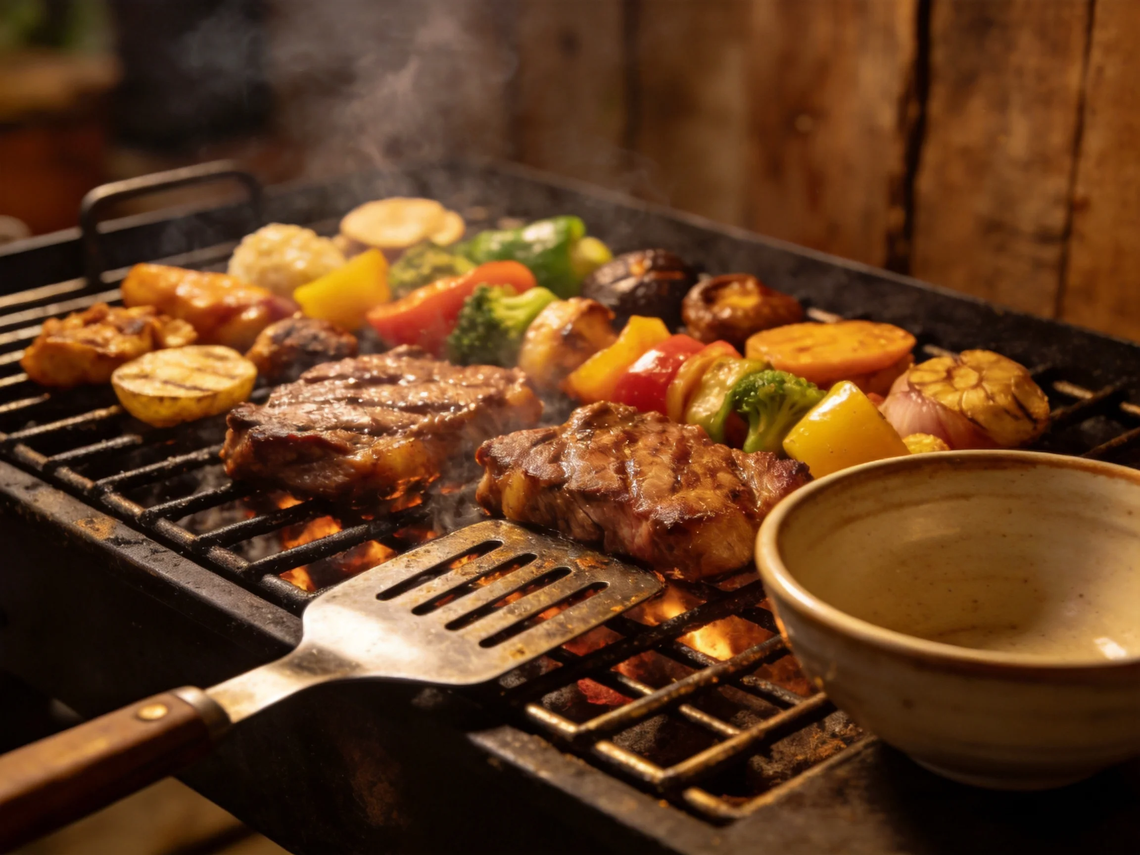 Grilled steaks, colorful vegetables, and mushrooms on a black outdoor grill