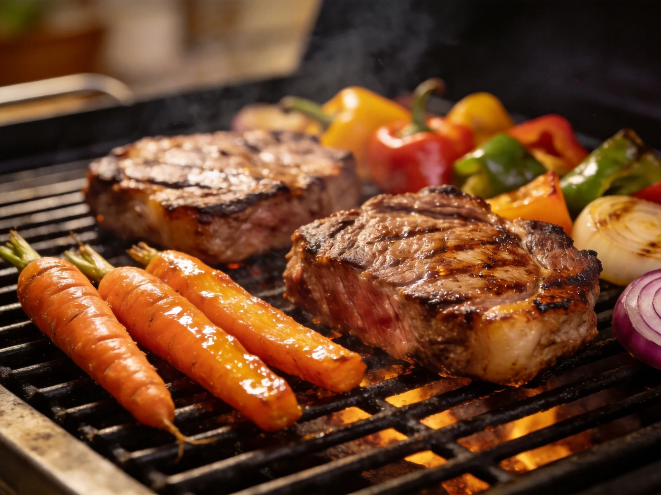 Grilled steaks, roasted carrots, and colorful vegetables cook on a barbecue grill.