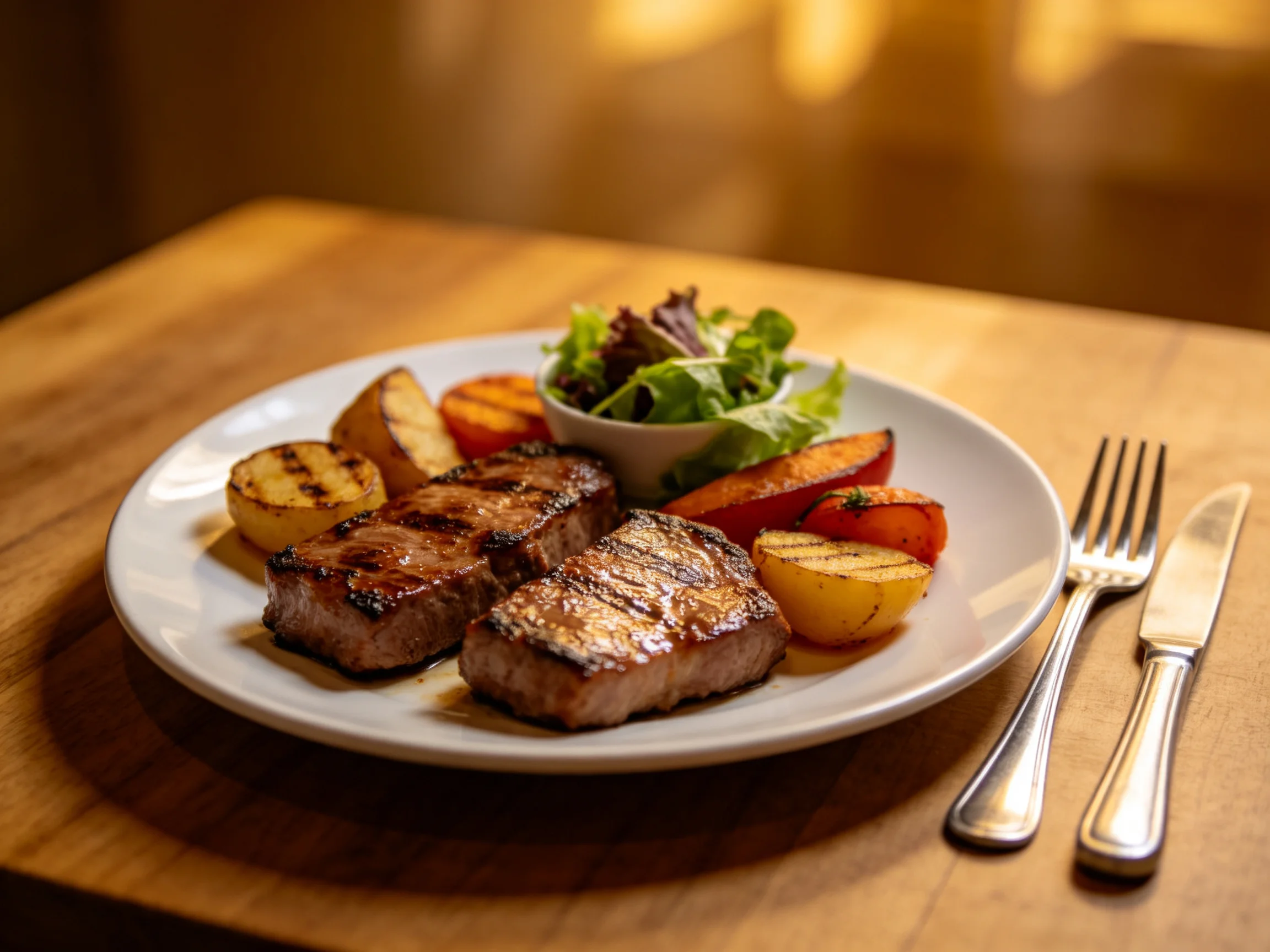 Grilled steaks, roasted vegetables, and greens served on a white plate