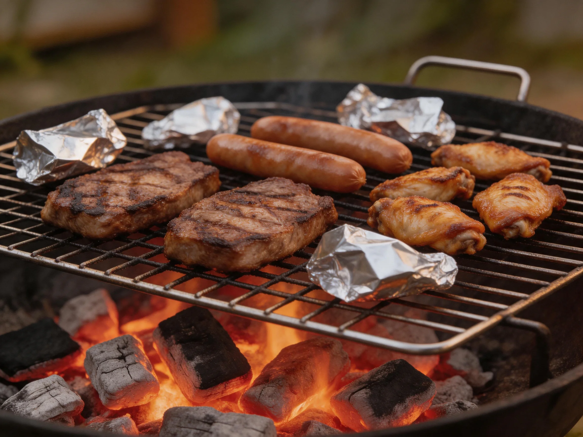 Grilled steaks, sausages, and chicken wings on charcoal grill with foil