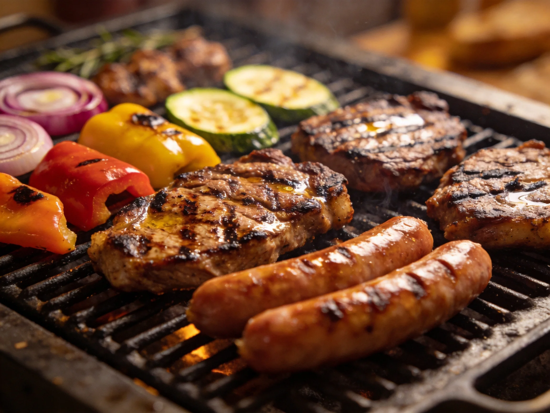 Grilled steaks, sausages, and colorful vegetables cook on a hot grill